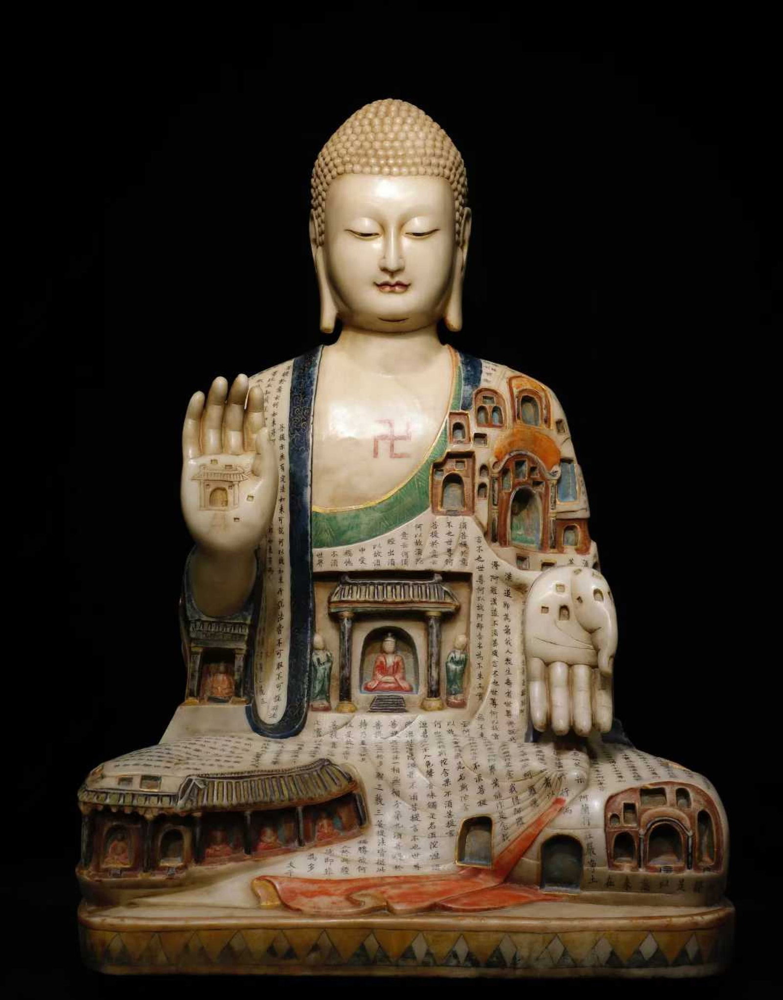 A Solemn Marble Painted Color Statue of Sakyamuni,With Scriptures: A Solemn Marble Painted Color Statue of Sakyamuni,With Scriptures,N.Qi,China,Size:42.5inx29.5inx20.9in 汉白玉彩绘释迦摩尼像,带经