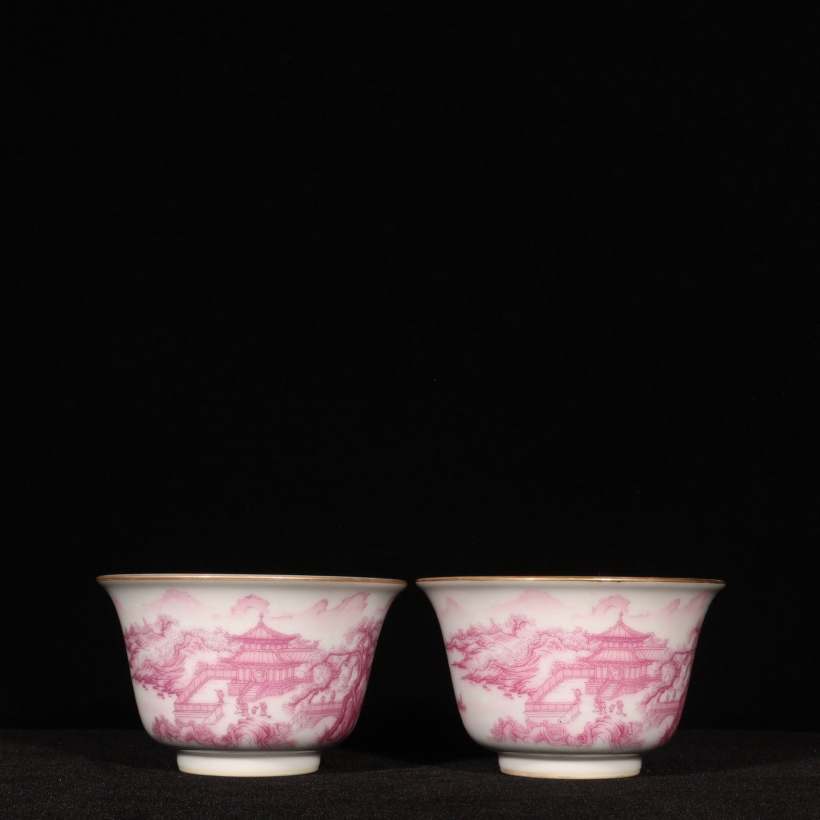 A Pair of Exquisite Ruby Red-Glazed Painted Gold Landscape and Figure Pattern Cups (1 of 9)