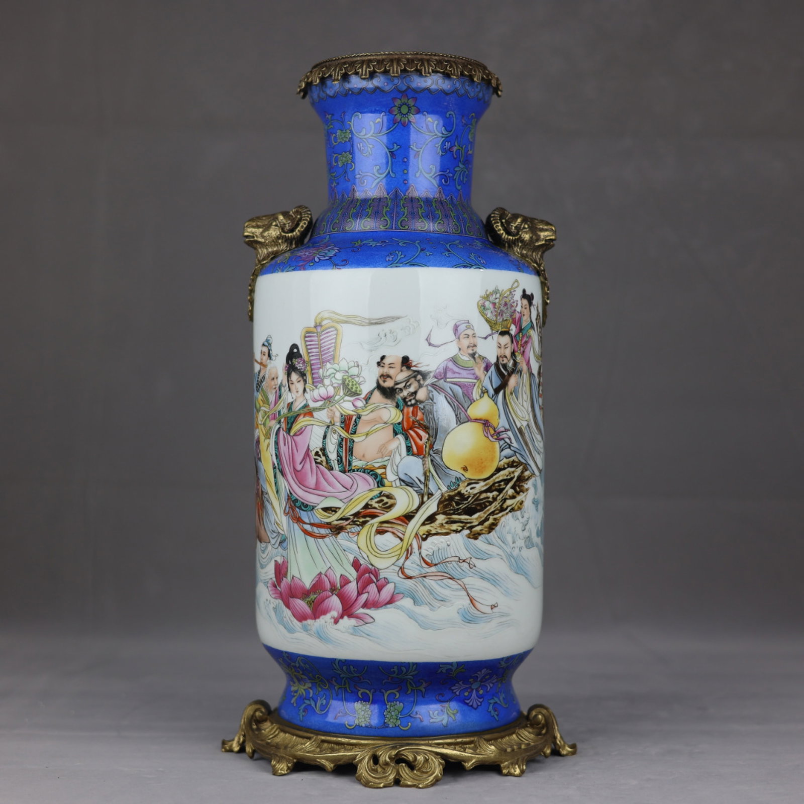 A Huge Enamel Inlaid Bronze Character and Story Pattern Lion-Ears Vase: A Huge Enamel Inlaid Bronze Character and Story Pattern Lion-Ears Vase,Qing Dynasty,China,Qianlong Four-character Mark,Size:17.5inx7.1in 珐琅彩镶铜人物故