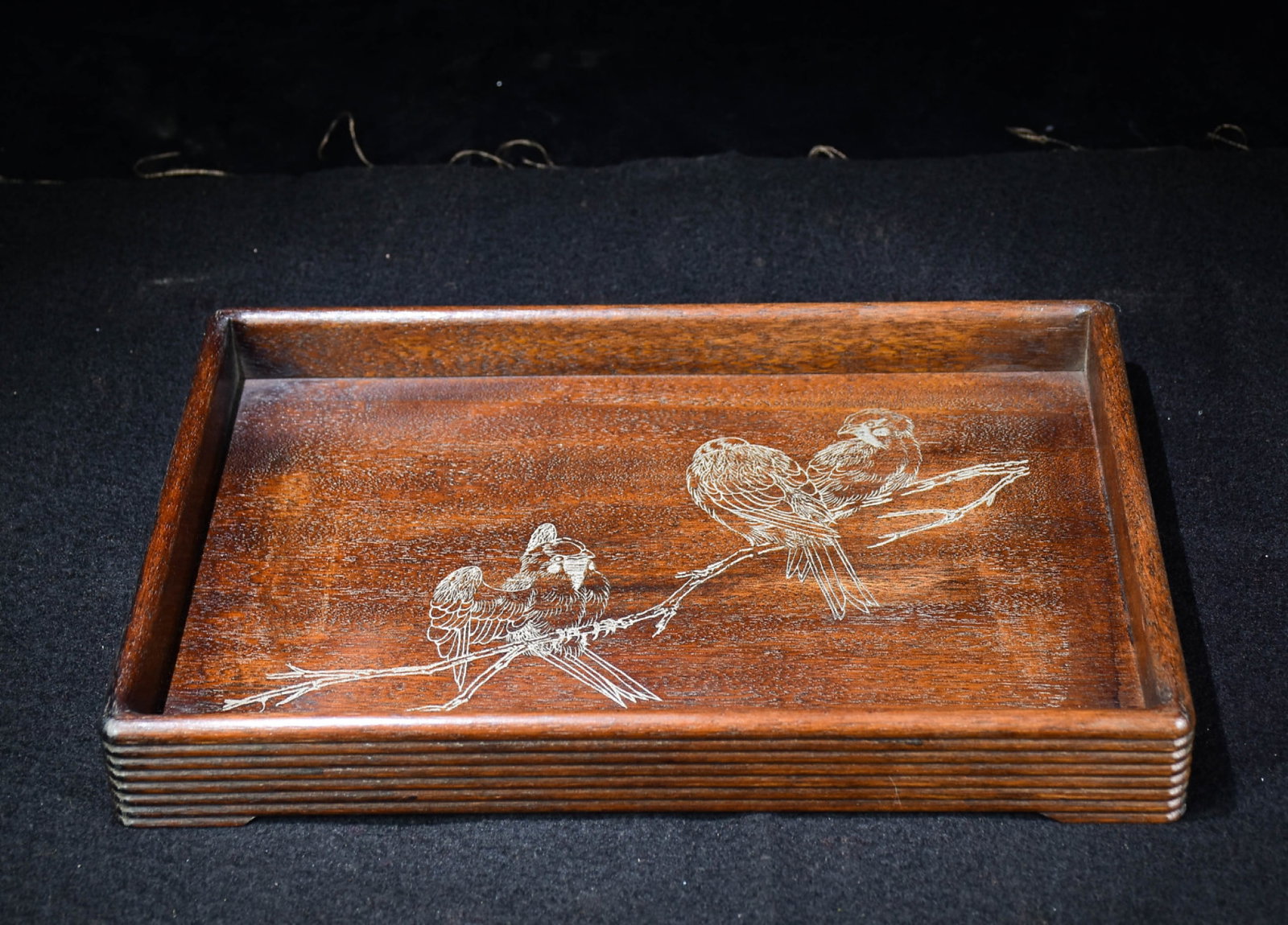 A Rare Huanghuali wood Flower and Bird Pattern Plate: A Rare Huanghuali wood Flower and Bird Pattern Plate,Qing Dynasty,China,Size:3.9inx15.7inx5.1in 黄花梨木花鸟纹盘,中国清代