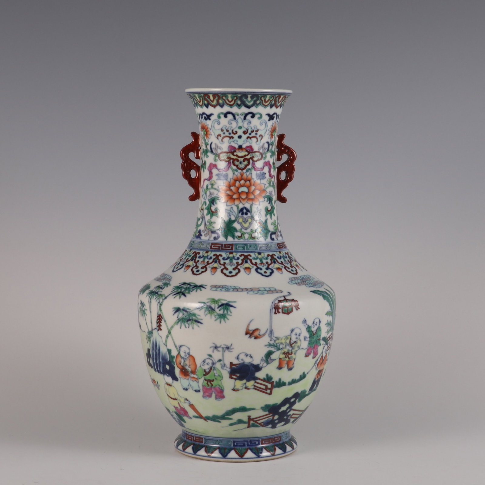 A Rare Doucai Character and Story Pattern Double-Ears Vase: A Rare Doucai Character and Story Pattern Double-Ears Vase,Qing Dynasty,China,Qianlong Six-character Mark,Size:12.4inx6.5in