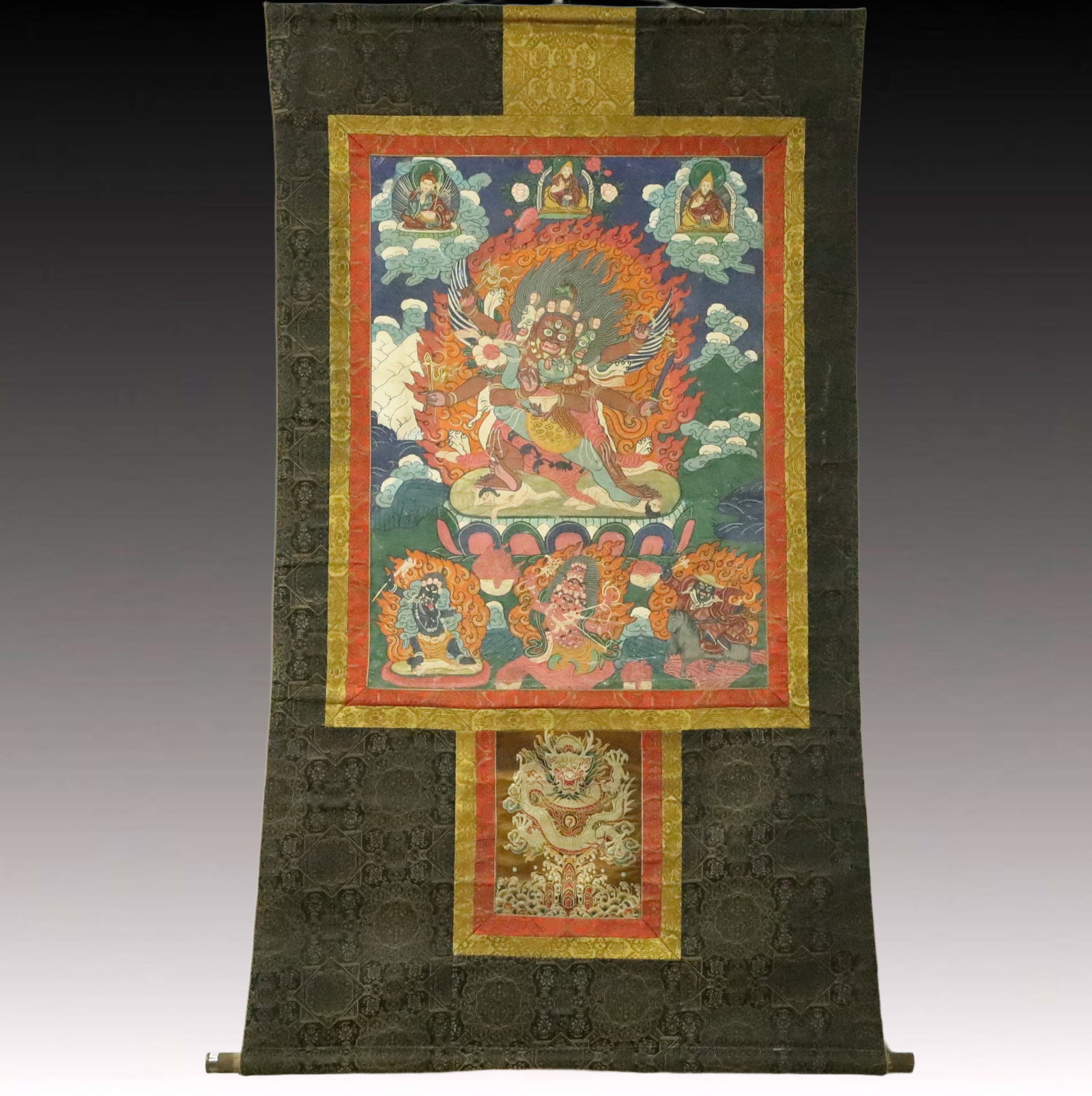 A Rare Brocade Painted Color Statue of Vajra Tangka: A Rare Brocade Painted Color Statue of Vajra Tangka,Qing Dynasty, China,Size:36.6inx63in 织锦彩绘金刚像唐卡,中国清代