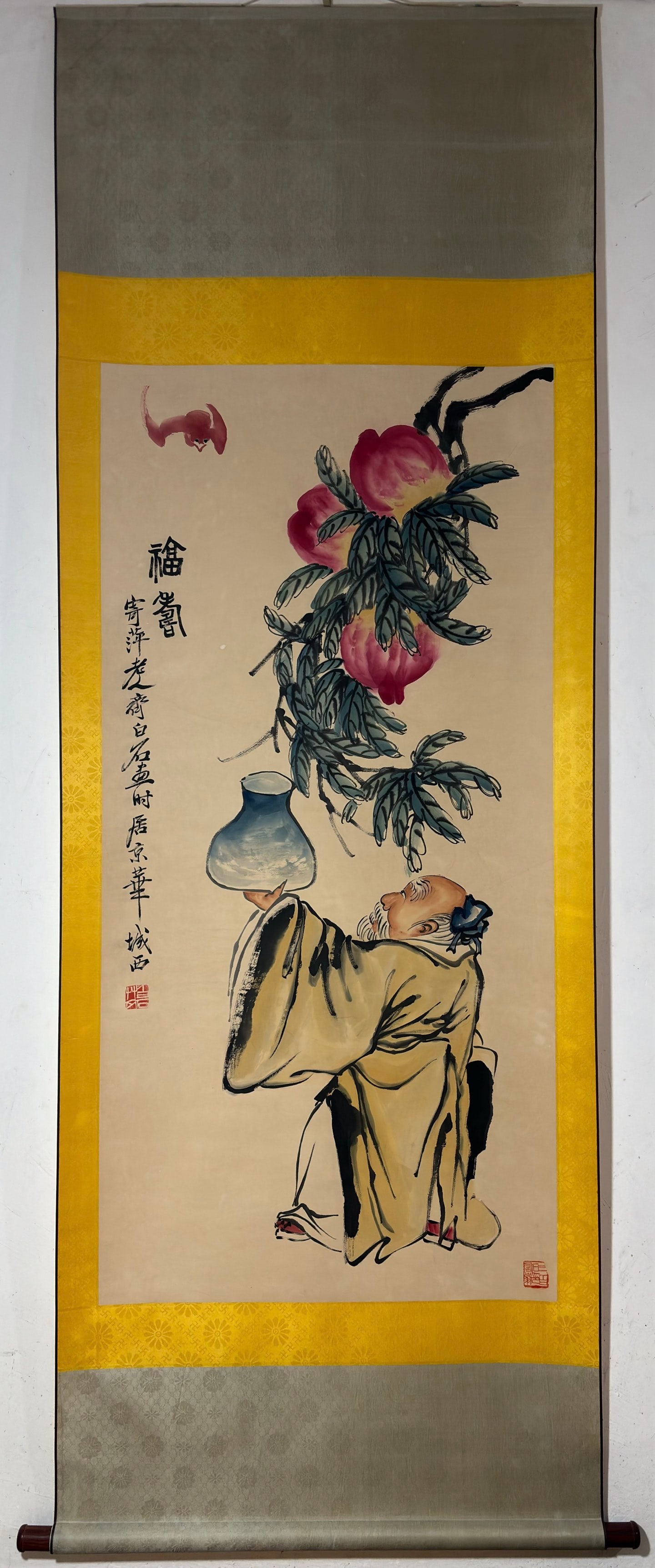 A Chinese Vertical Scroll Ink Painting of Figure on Paper: A Chinese Vertical Scroll Ink Painting of Figure on Paper,Qi Baishi,Size:53.5inx26in 一幅中国水墨人物画立轴,齐白石
