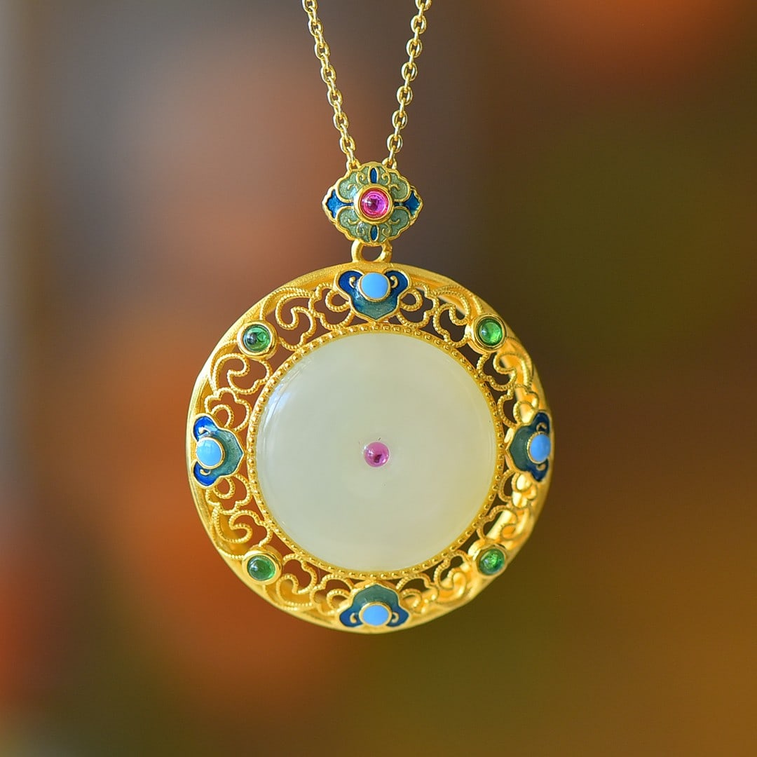 An Exquisite Sterling Silver-Gold Plated Inlaid White Jade Enamel Pendant: An Exquisite Sterling Silver-Gold Plated Inlaid White Jade Enamel Pendant 纯银镀金镶白玉珐琅吊坠