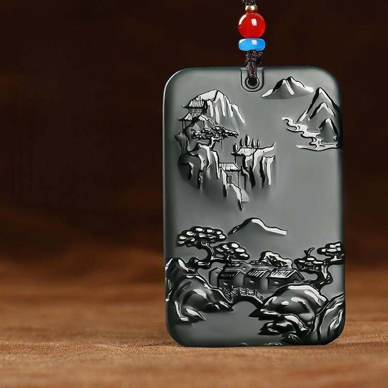 An Exquisite Cyan jade Landscape Pattern Pendant: An Exquisite Cyan jade Landscape Pattern Pendant,Size:2.5inx1.6inx0.3in 青玉山水纹挂件