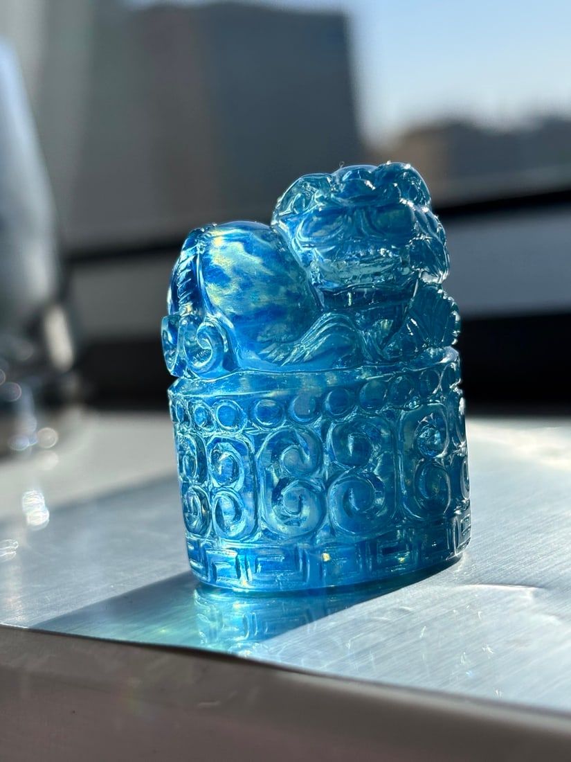 An Exquisite Aquamarine Wealth-Attracting Creature Seal: An Exquisite Aquamarine Wealth-Attracting Creature Seal,Size:1.4inx1.1inx0.9in,Weight:37.4g 海蓝宝貔貅印章
