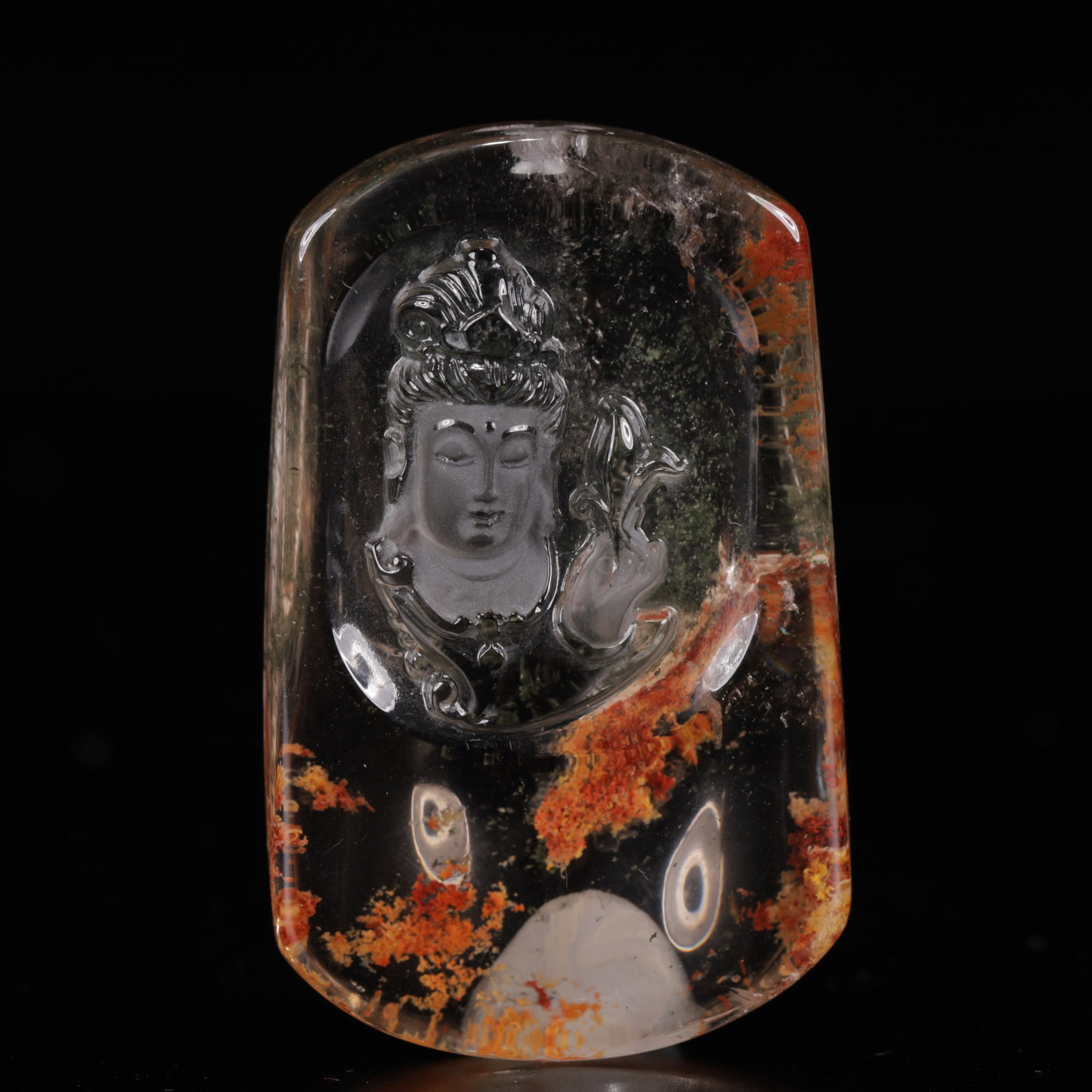 An Exquisite Crystal Statue of Avalokitesvara Pendant: An Exquisite Crystal Statue of Avalokitesvara Pendant,Size:1.6inx0.6inx2in,Weight:83g 水晶观音挂件