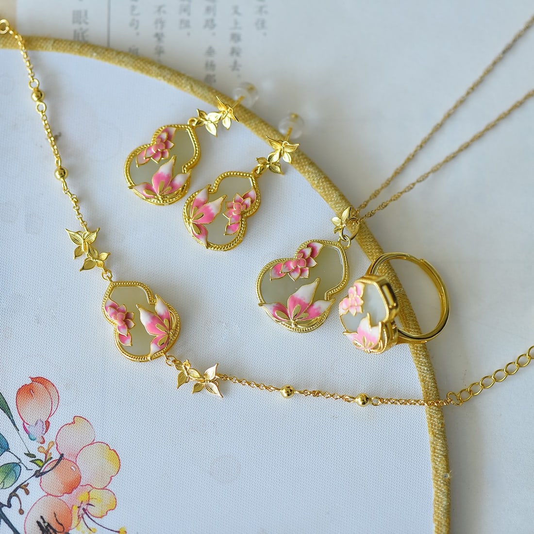 A Set of Fine Sterling Silver-Gold Plated Inlaid White Jade Gourd Jewelrys: A Set of Fine Sterling Silver-Gold Plated Inlaid White Jade Gourd Jewelrys 一套纯银镀金镶白玉葫芦首饰