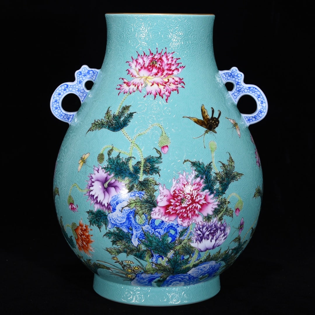 An Exquisite Famille-Rose Green Ground Flower and Butterfly Pattern with poem Double-Ears Vase (1 of 9)