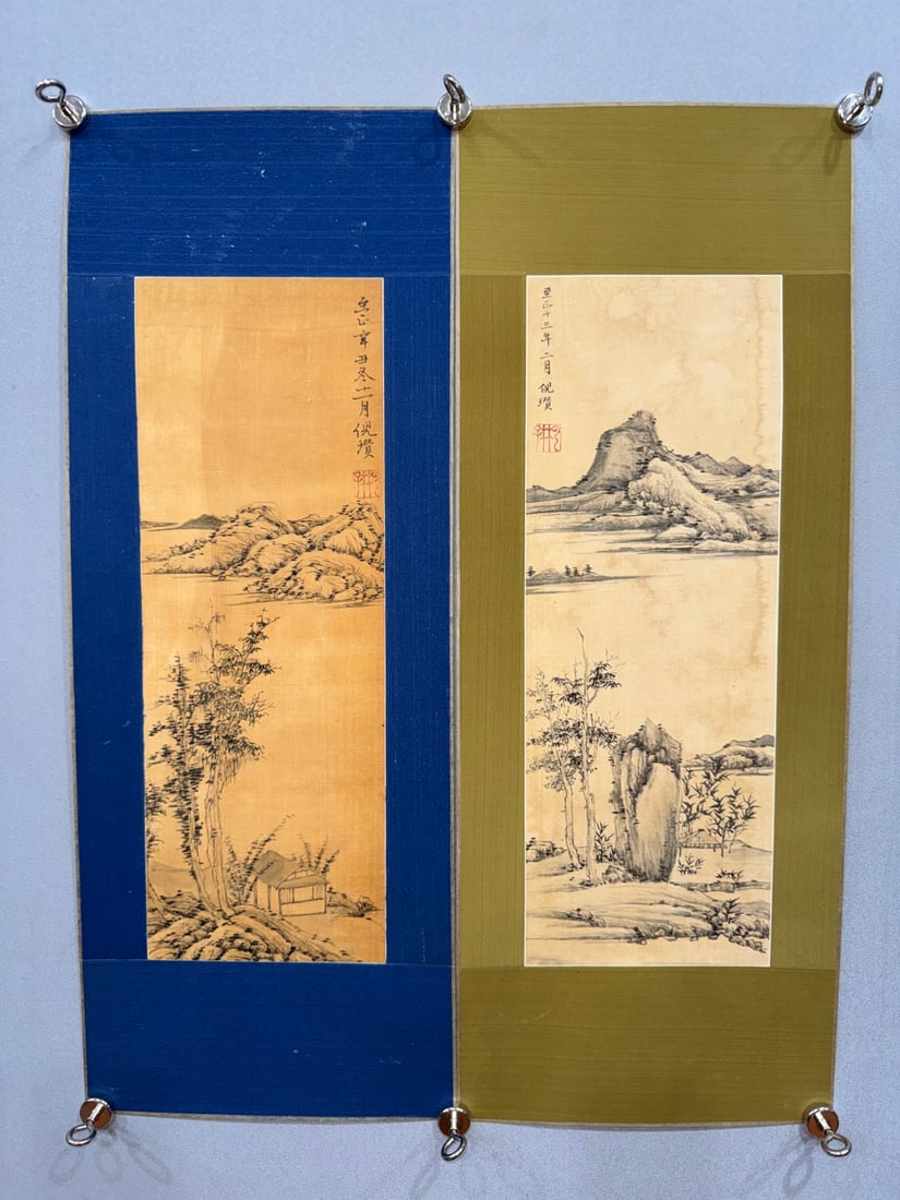 An Fabulous Chinese Ink Landscape By Silk: An Fabulous Chinese Ink Landscape By Silk Ni zan Without frame Size:6.9inx19.7inx2倪瓚水墨山水对屏 绢本Without frame Size:17.5cmx50cmx2