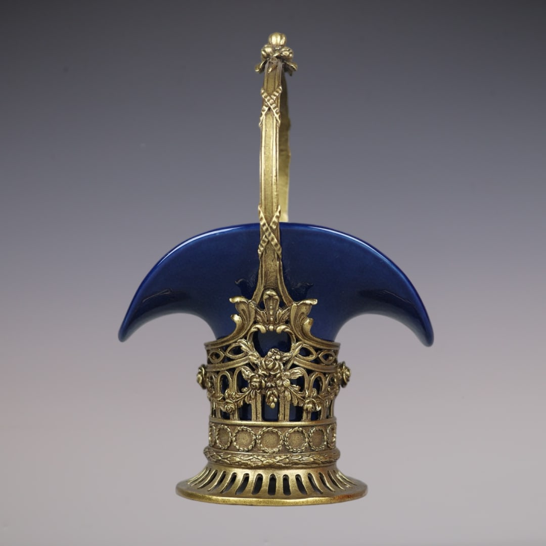 An Exquisite Ji Blue Glazed Inlaid Bronze Flower Basket: An Exquisite Ji Blue Glazed Inlaid Bronze Flower Basket Qing Dynasty, China Yongzheng Six-character Mark