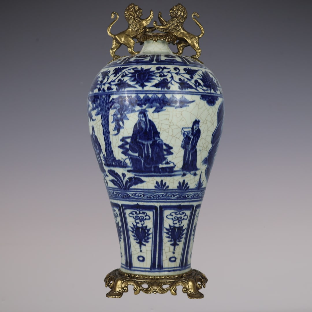 An Exquisite Blue and White Inlaid Bronze Character and Story Pattern Lotus Pattern Double-Ears Vase: An Exquisite Blue and White Inlaid Bronze Character and Story Pattern Lotus Pattern Double-Ears Vase Yuan Dynasty, China