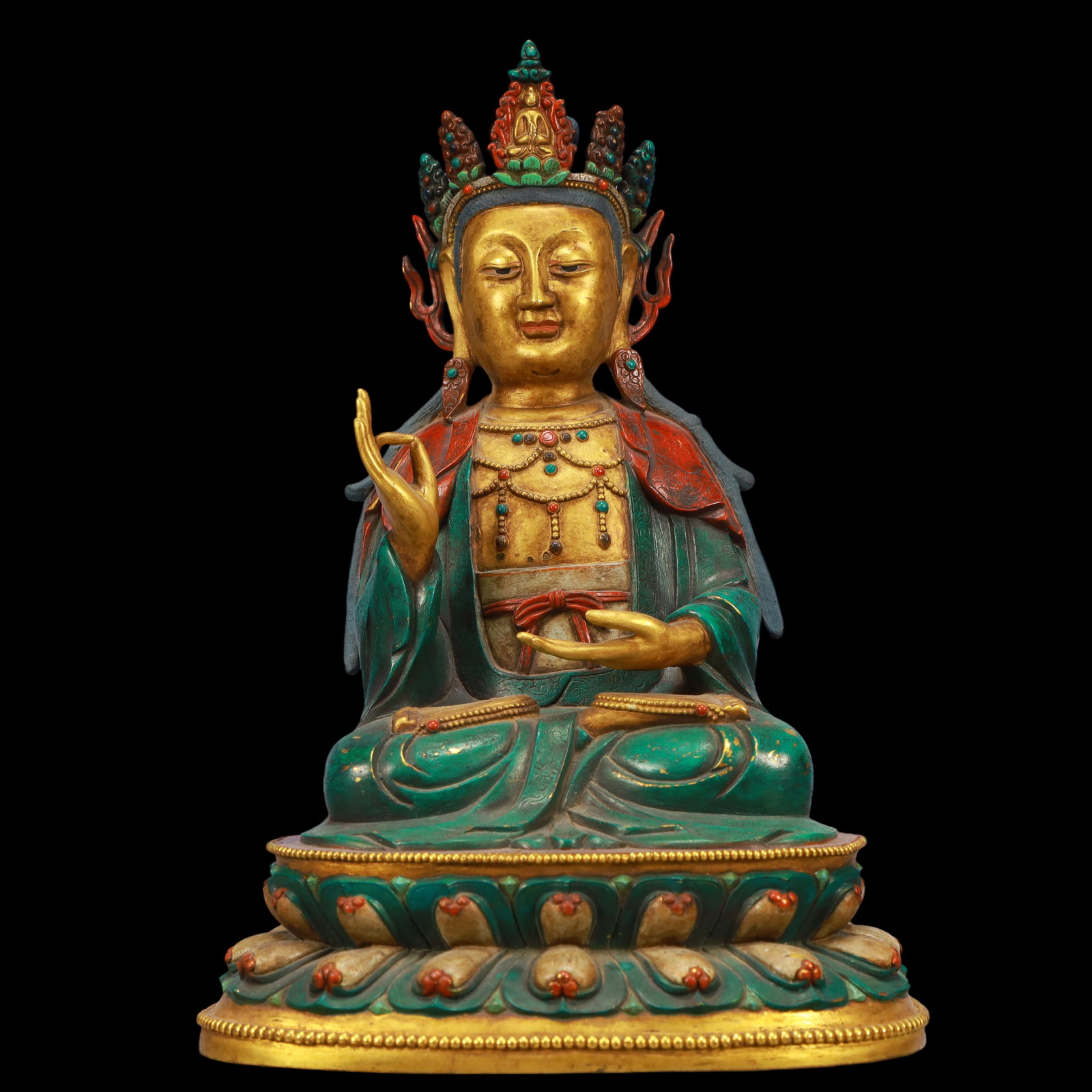 An Exquisite Gilt Bronze Inlaid Gems Statue of Sakyamuni: An Exquisite Gilt Bronze Inlaid Gems Statue of Sakyamuni Ming Dynasty, China Size:7.9inx6.3inx11.8in Weight:4500g铜鎏金嵌百宝如来佛像