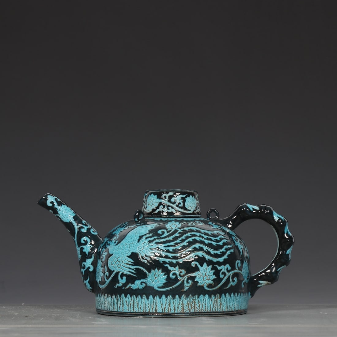 An Exquisite Blue Glazed Phoenix Pattern Lotus Pattern Teapot - 2