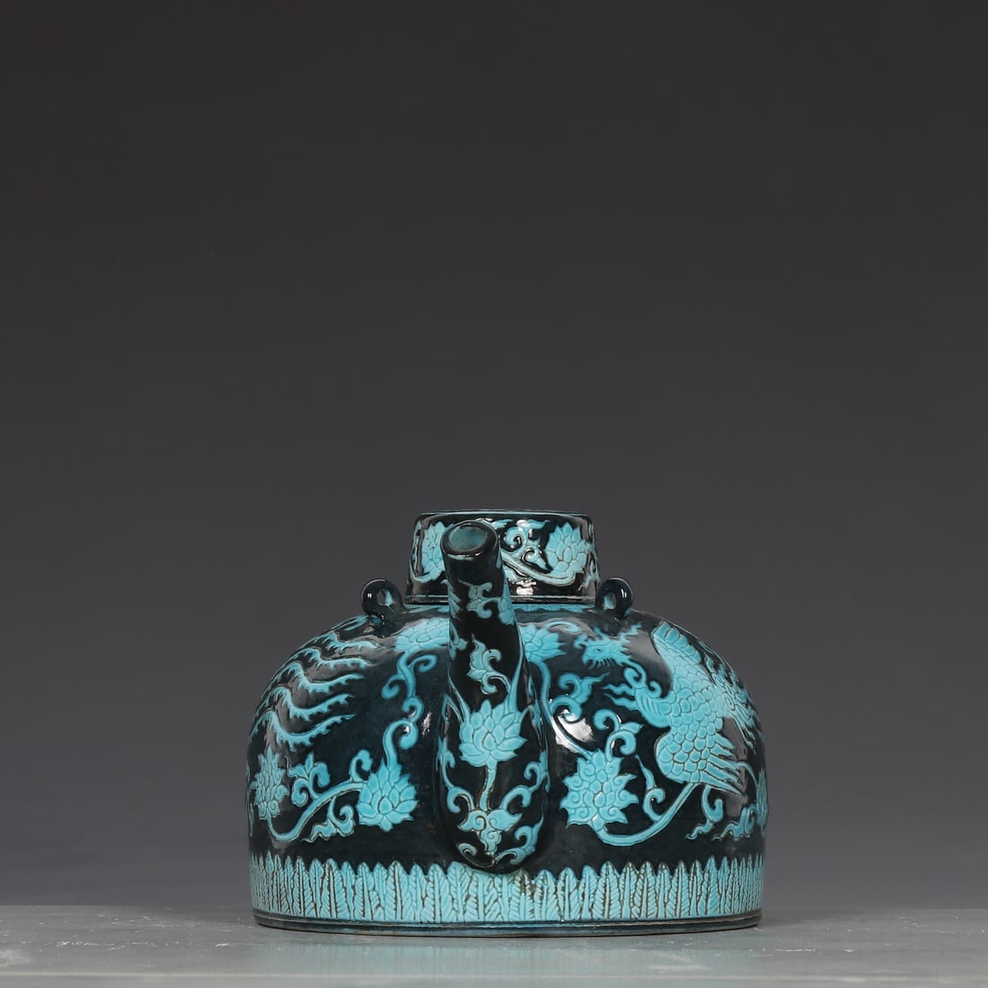An Exquisite Blue Glazed Phoenix Pattern Lotus Pattern Teapot - 5