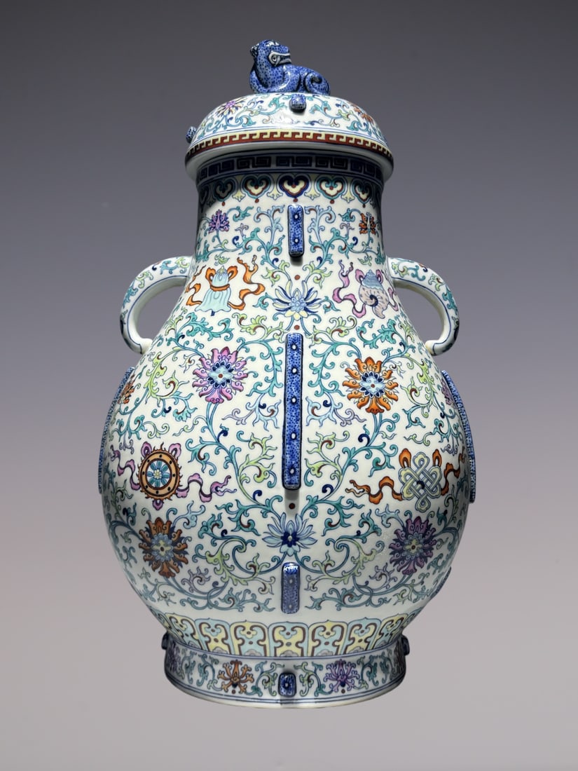 An Exquisite Doucai Eight Treasures Pattern Lotus Pattern Double-Ears Jar: An Exquisite Doucai Eight Treasures Pattern Lotus Pattern Double-Ears Jar Qing Dynasty, China Qianlong Six-character Mark