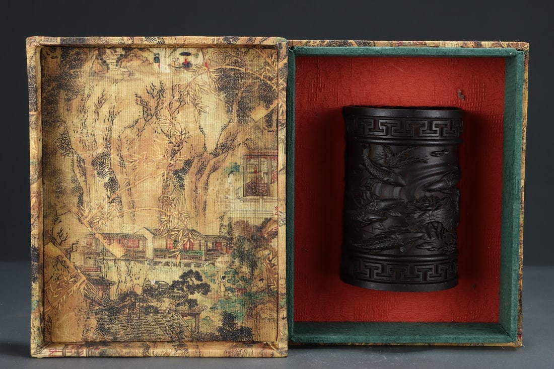An Exquisite Eaglewood Fish Pattern Brush Pot: An Exquisite Eaglewood Fish Pattern Brush Pot Qing Dynasty, China Size:5.8inx4in沉香木笔筒年年有余 中国清代