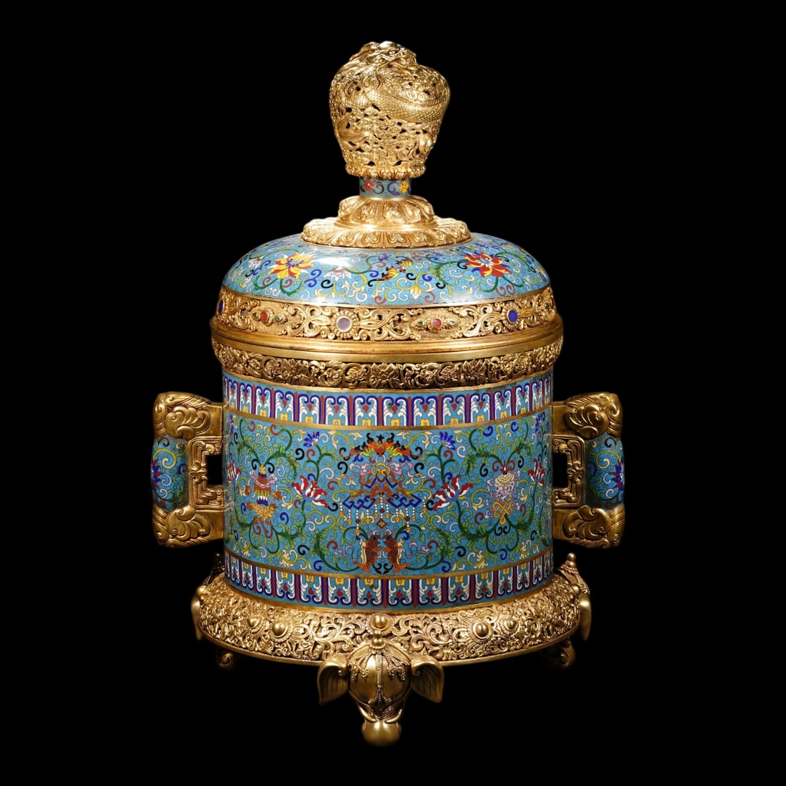An Exquisite Cloisonne Lotus Pattern Eight Treasures Pattern Double-Ears and Tripod Censer: An Exquisite Cloisonne Lotus Pattern Eight Treasures Pattern Double-Ears and Tripod Censer Qing Dynasty, China Qianlong Four-character Mark Size:22inx15.7in Weight:18kg景泰蓝象
