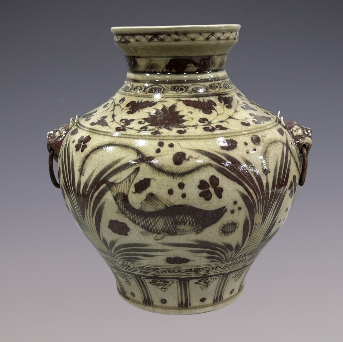 An Exquisite Blue and White Underglaze-Red Lotus Pattern Fish and Lotus Pattern Double-Ears Jar: An Exquisite Blue and White Underglaze-Red Lotus Pattern Fish and Lotus Pattern Double-Ears Jar Yuan Dynasty, China Size:14.2in青花釉里红缠枝莲鱼&