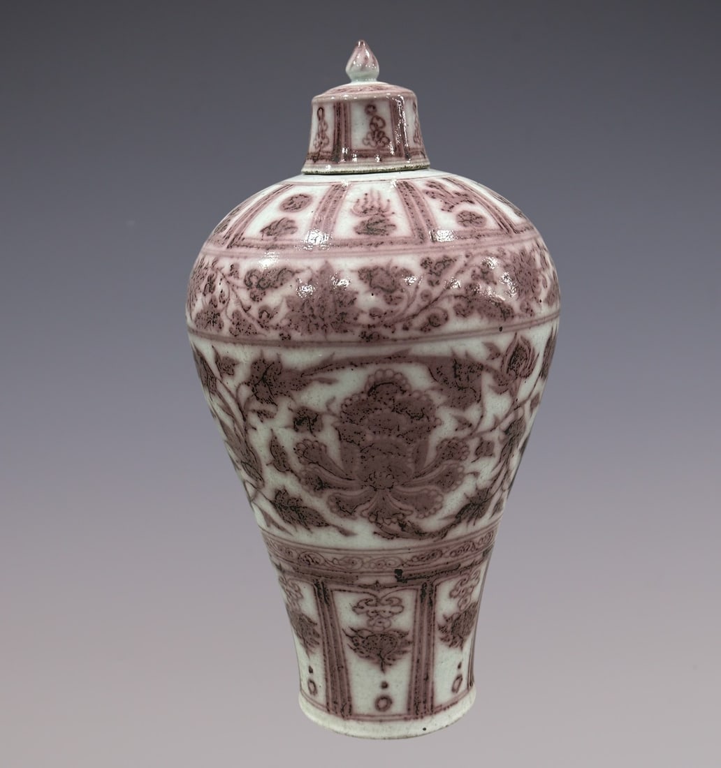An Exquisite Blue and White Underglaze-Red Lotus Pattern Vase: An Exquisite Blue and White Underglaze-Red Lotus Pattern Vase Yuan Dynasty, China Size:18.9in青花釉里红缠枝梅瓶 中国元代 S