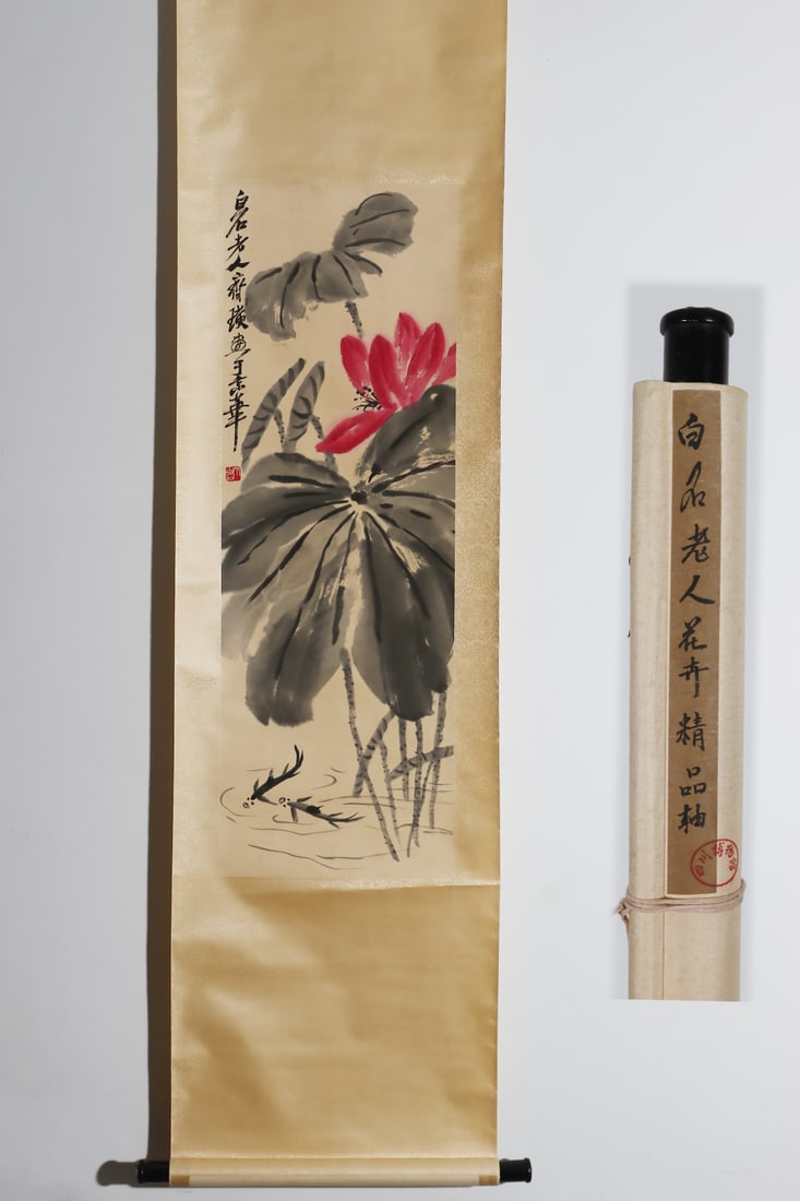 A Chinese Vertical Scroll Ink Painting of Flower on Paper: A Chinese Vertical Scroll Ink Painting of Flower on Paper Qi baishi Without frame Size:39.4inx13.4in齐白石荷花軸 纸本立轴Without frame Size: