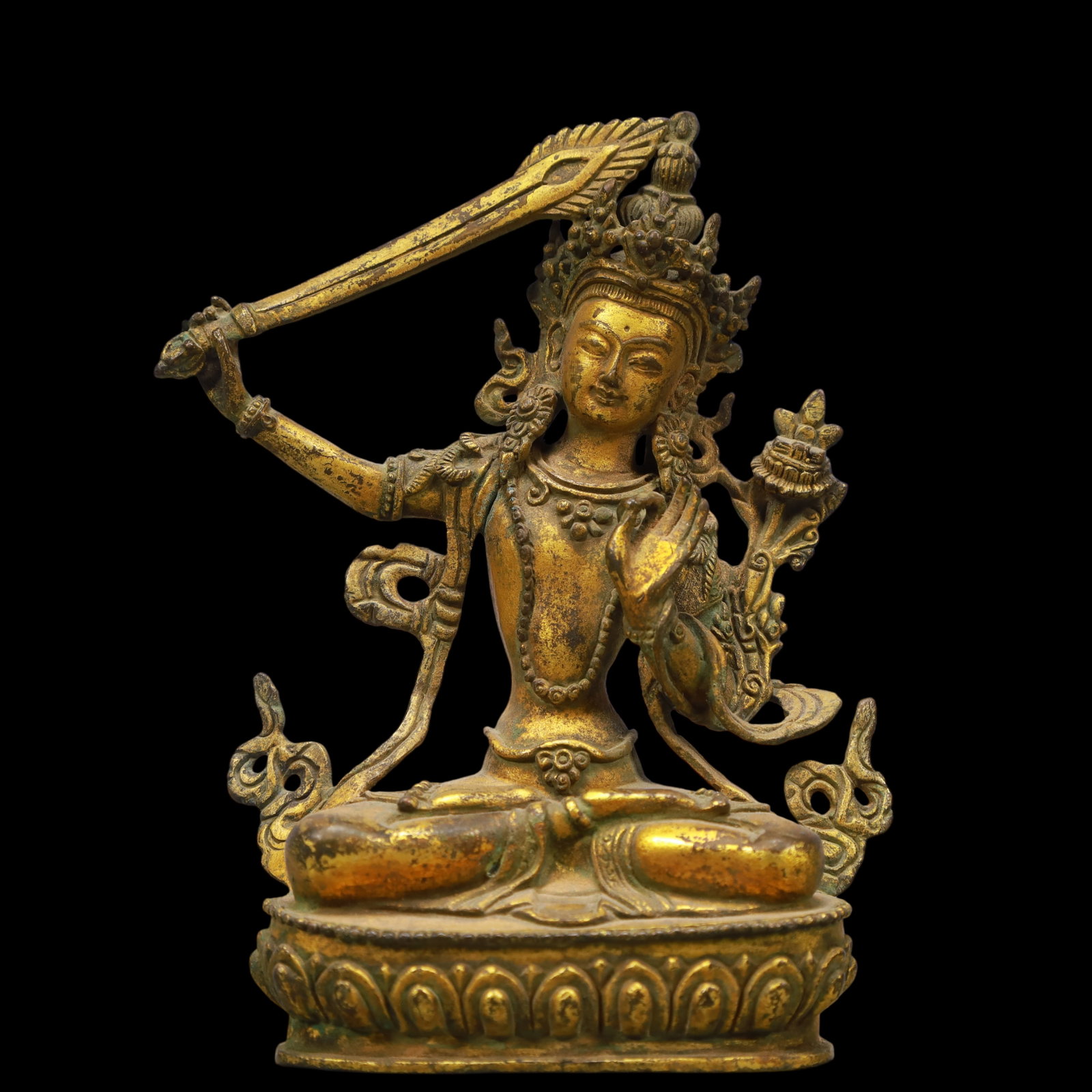An Exquisite Gilt Bronze Statue of Manjusri: An Exquisite Gilt Bronze Statue of Manjusri Ming Dynasty, China Size:3.7inx1.8inx5.1in Weight:400g铜鎏金文殊菩萨佛像