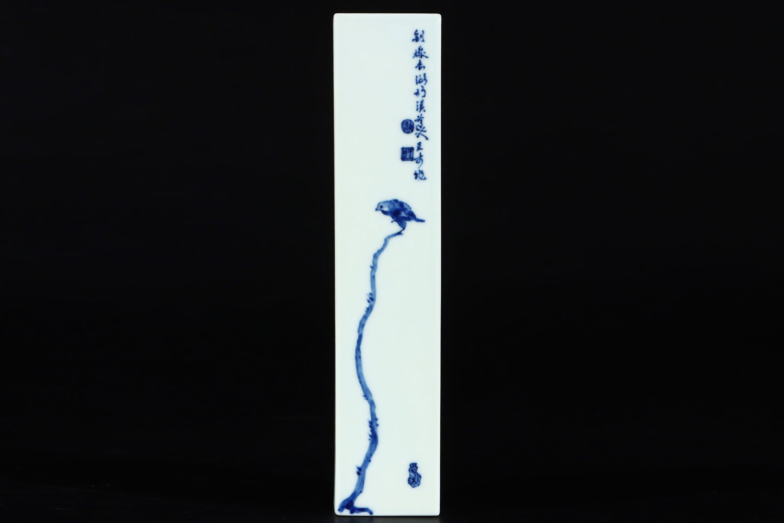 An Exquisite Blue and White Flower and Bird Pattern with poem Paper Weight: An Exquisite Blue and White Flower and Bird Pattern with poem Paper Weight Qing Dynasty, China Size:0.9inx9.3inx2in青花诗文花鸟纹镇纸