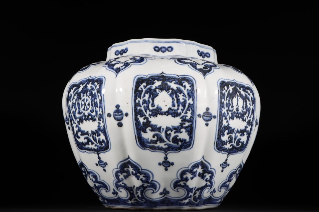 An Exquisite Blue and White Eight Treasures Pattern Jar: An Exquisite Blue and White Eight Treasures Pattern Jar Ming Dynasty, China Size:11.3inx13.6in青花八宝纹多棱罐 中国明代