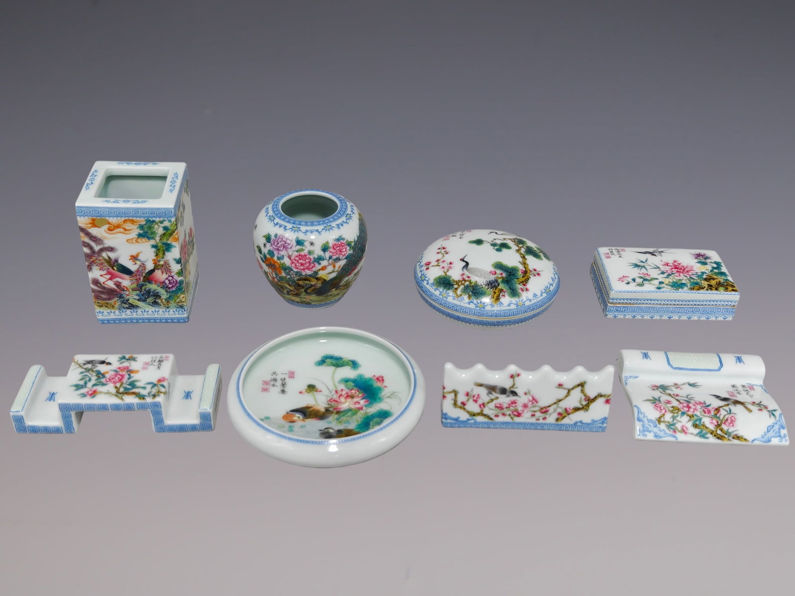 A Set of Fine Enamel Flower and Bird Pattern Brush Holder Brush Pot Box Jar Brush Washer: A Set of Fine Enamel Flower and Bird Pattern Brush Holder Brush Pot Box Jar Brush Washer Qing Dynasty, China Yongzheng Four-character Mark Size:3.9inx2.6in Size:3.1inx3.3in Size:2inx4.5in
