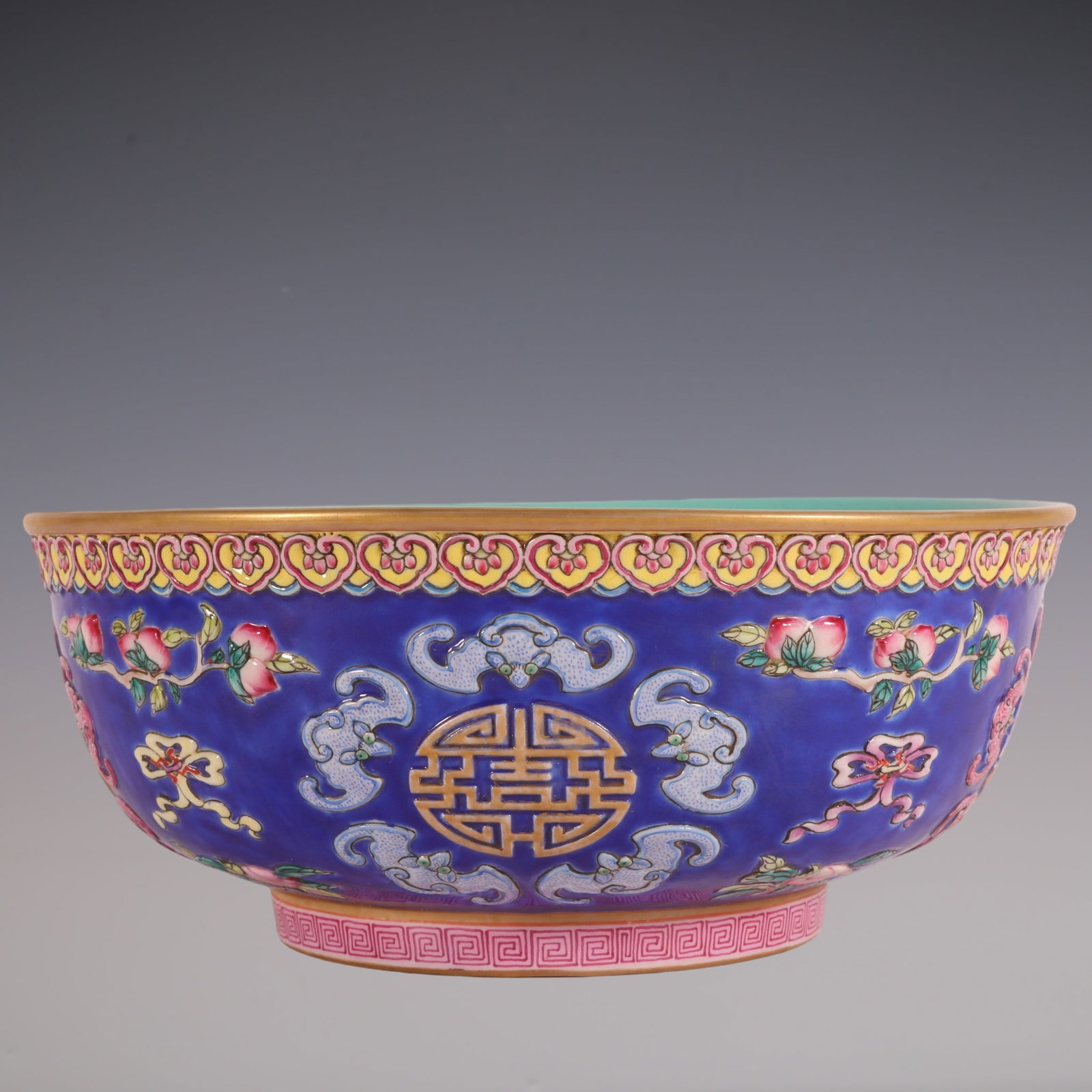 An Exquisite Enamel Painted Gold Bats and Peach Pattern Bowl: An Exquisite Enamel Painted Gold Bats and Peach Pattern Bowl Qing Dynasty, China Qianlong Six-character Mark