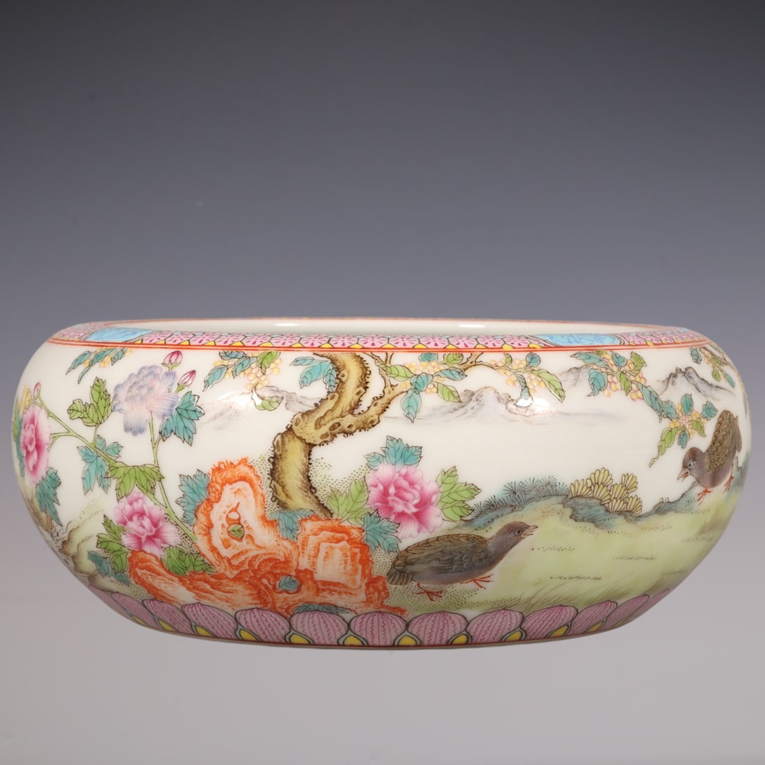 An Exquisite Famille-Rose Flower and Bird Pattern Fish and Lotus Pattern Brush Washer: An Exquisite Famille-Rose Flower and Bird Pattern Fish and Lotus Pattern Brush Washer Qing Dynasty, China Yongzheng Four-character Mark