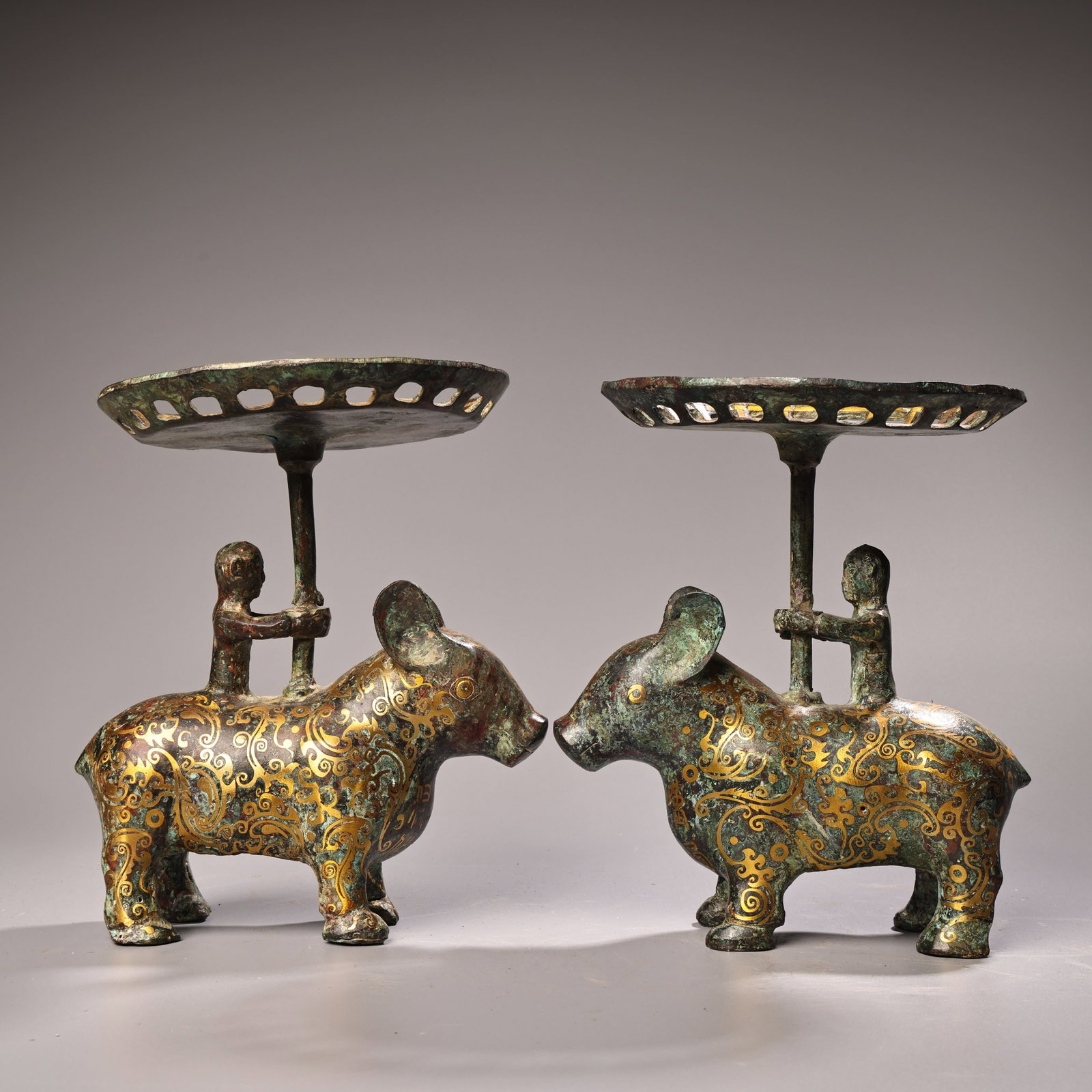 An Exquisite Bronze Inlaid Silver Auspicious Beast-Shaped Candlestick (1 of 10)