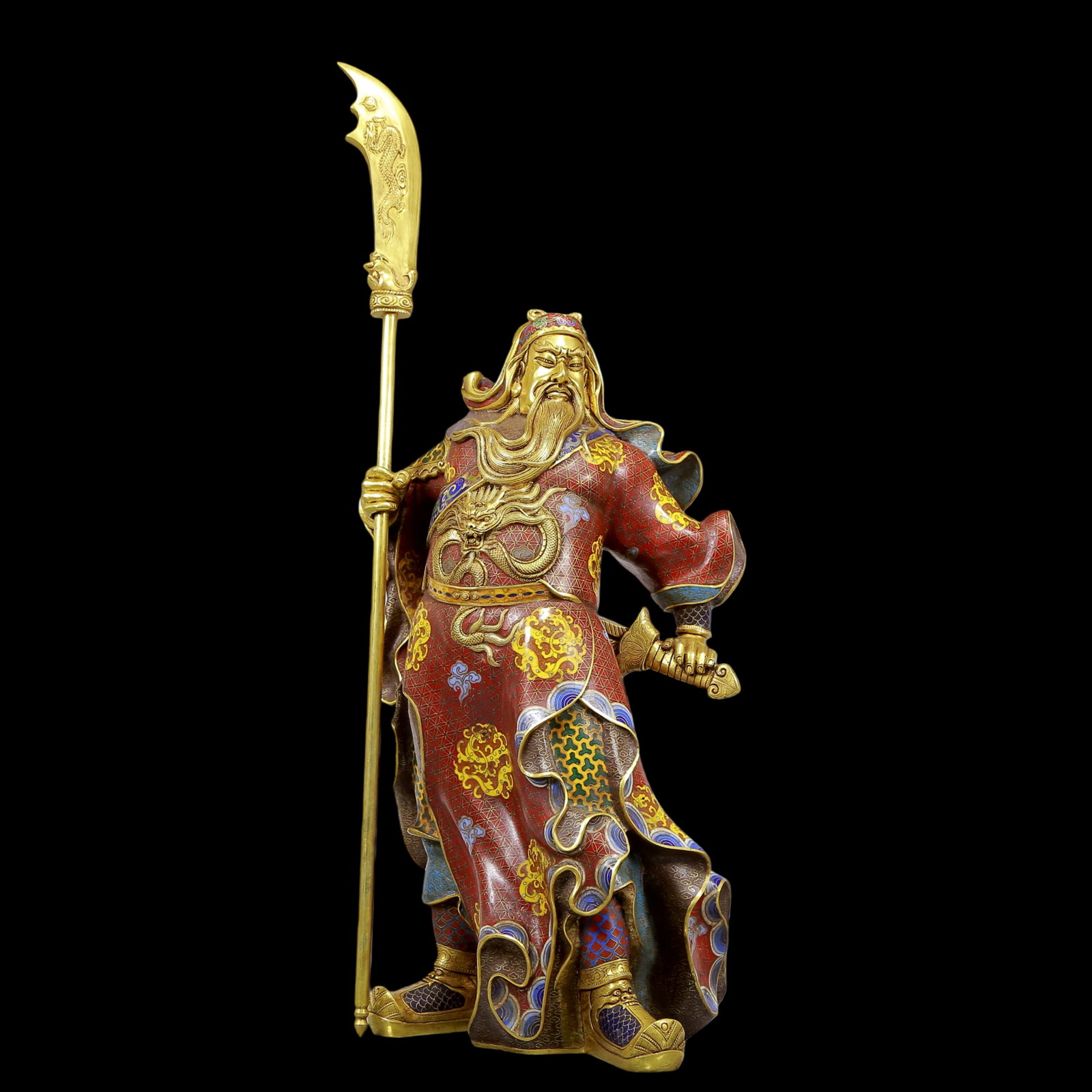 An Exquisite Gilt Bronze Cloisonne Figures: An Exquisite Gilt Bronze Cloisonne Figures Qing Dynasty, China Qianlong Four-character Mark Size:10.2inx6.7inx26.8in Weight:12175g清代 铜鎏金景泰蓝Ð