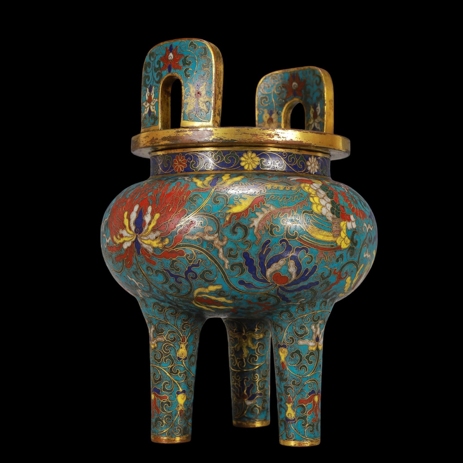 A Exquisite Cloisonne Lotus Pattern Phoenix Pattern Double-Ears and Tripod Censer - 4