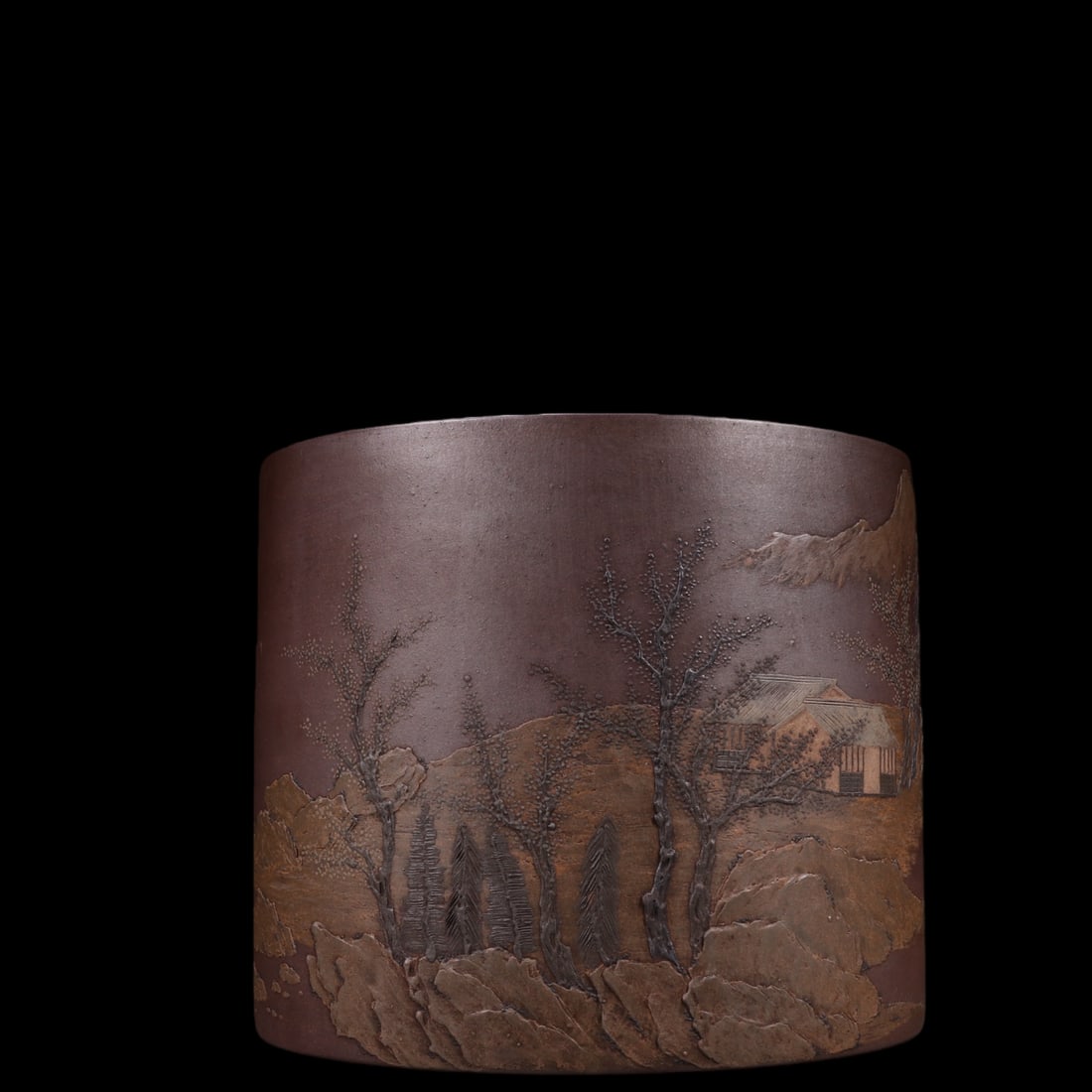An Exquisite Purple Sands Landscape and Figure Pattern Brush Pot: An Exquisite Purple Sands Landscape and Figure Pattern Brush Pot Yang ji chu Size:5.7inx7in紫砂人物故事笔筒 杨季初 Size:14.6cmx17.9cm