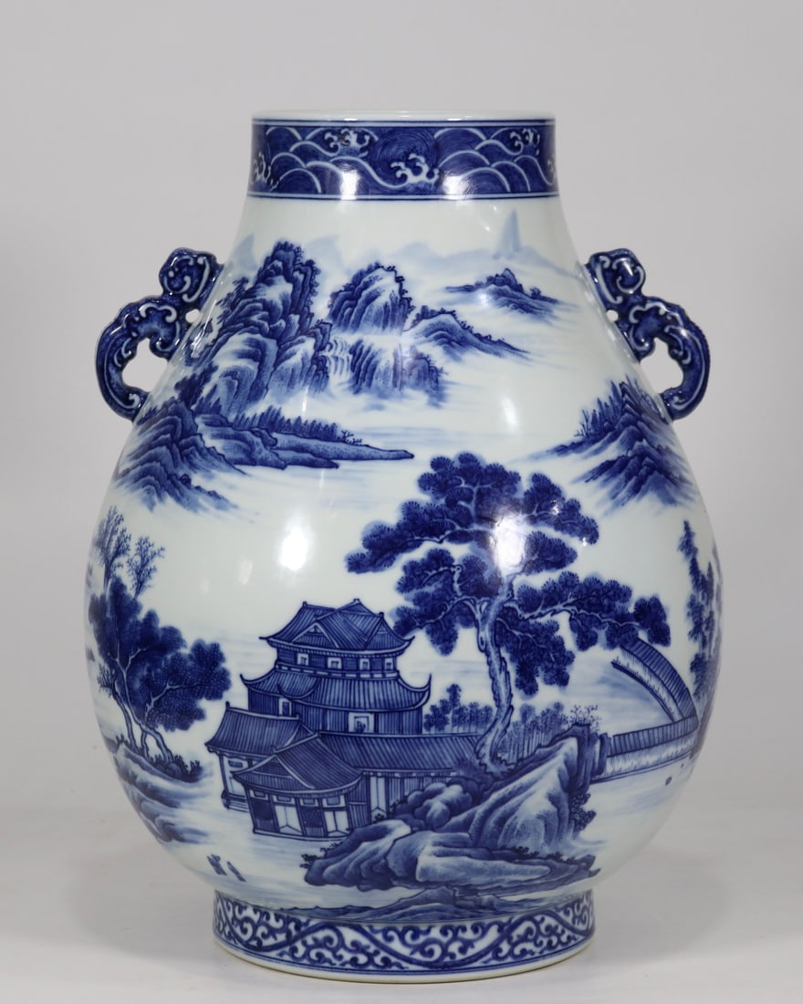 An Exquisite Blue and White Landscape Pattern Seawater Pattern Double-Ears Vase: An Exquisite Blue and White Landscape Pattern Seawater Pattern Double-Ears Vase Qing Dynasty, China Qianlong Six-character Mark Size:14.4inx10in青花山水楼阁福