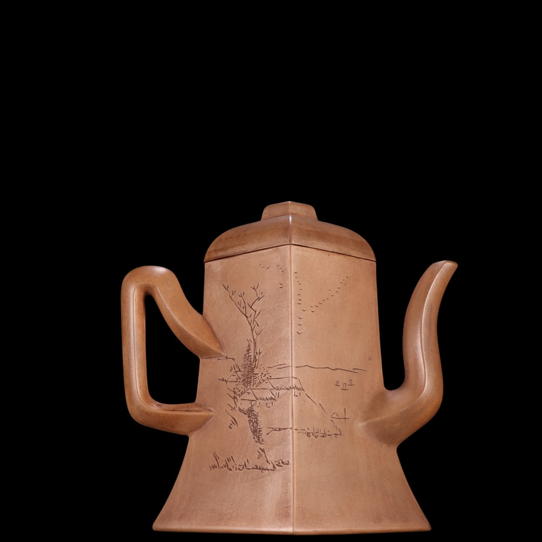 An Exquisite Purple Sands Landscape Pattern with poem Teapot: An Exquisite Purple Sands Landscape Pattern with poem Teapot Qing Dynasty, China Size:6.5inx6.9in紫砂少亭刻菱形方壶