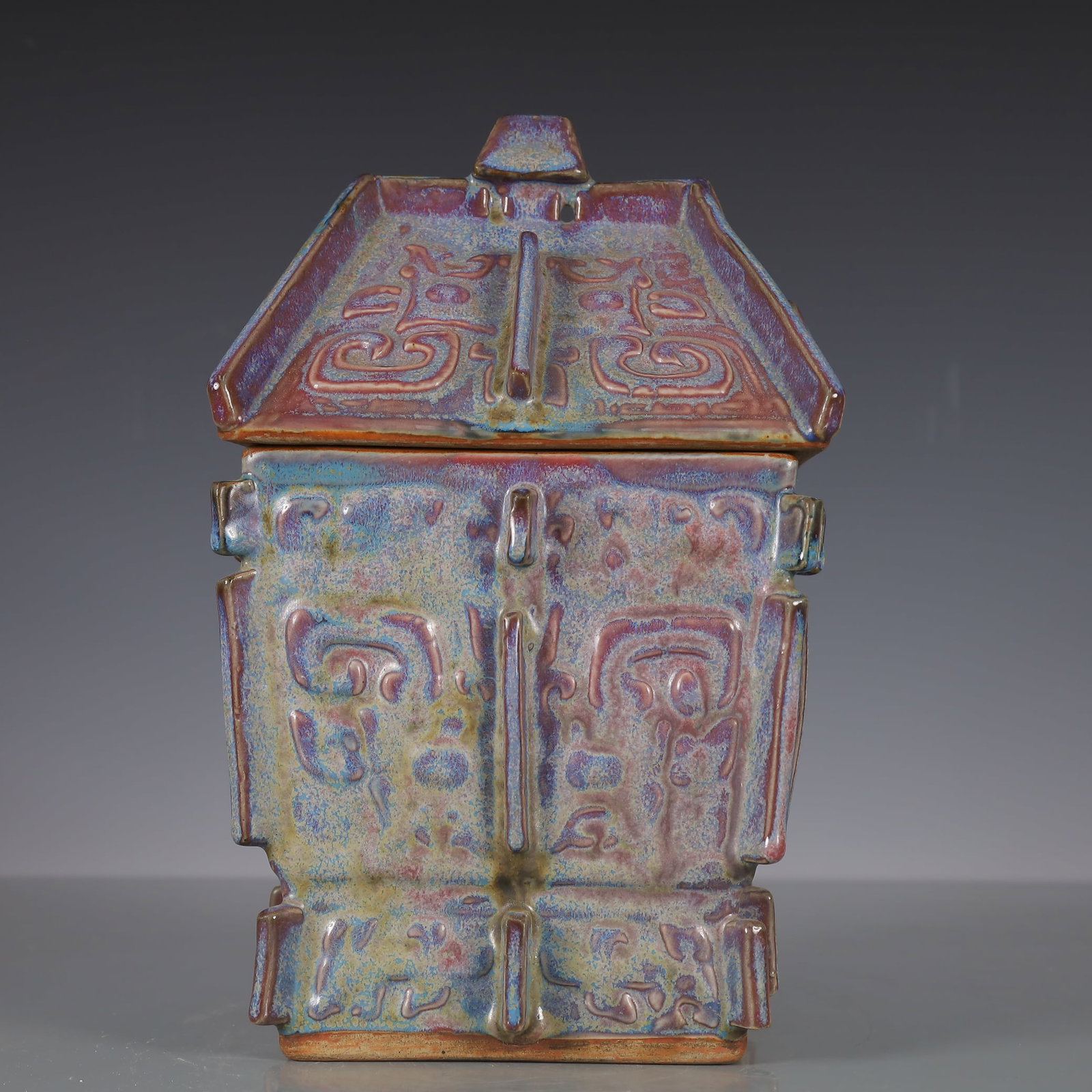 A Exquisite Jun yao Beast-Face Pattern Tripod: A Exquisite Jun yao Beast-Face Pattern Tripod Song Dynasty, China Size:6.3inx5.1inx9.4in Weight:2200g钧窑兽面纹鼎 中国宋代