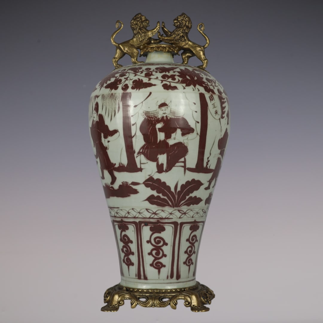 An Exquisite Blue and White Underglaze-Red Inlaid Bronze Character and Story Pattern Lotus Pattern: An Exquisite Blue and White Underglaze-Red Inlaid Bronze Character and Story Pattern Lotus Pattern Double-Ears Vase Yuan Dynasty, China Size:21.3inx9.1in釉里红周亚夫