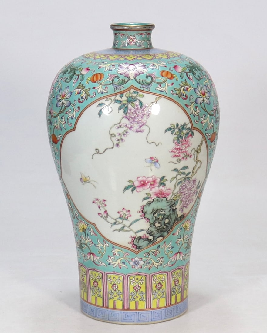 An Exquisite Famille-Rose Green Ground Lotus Pattern Flower and Butterfly Pattern Vase (1 of 9)