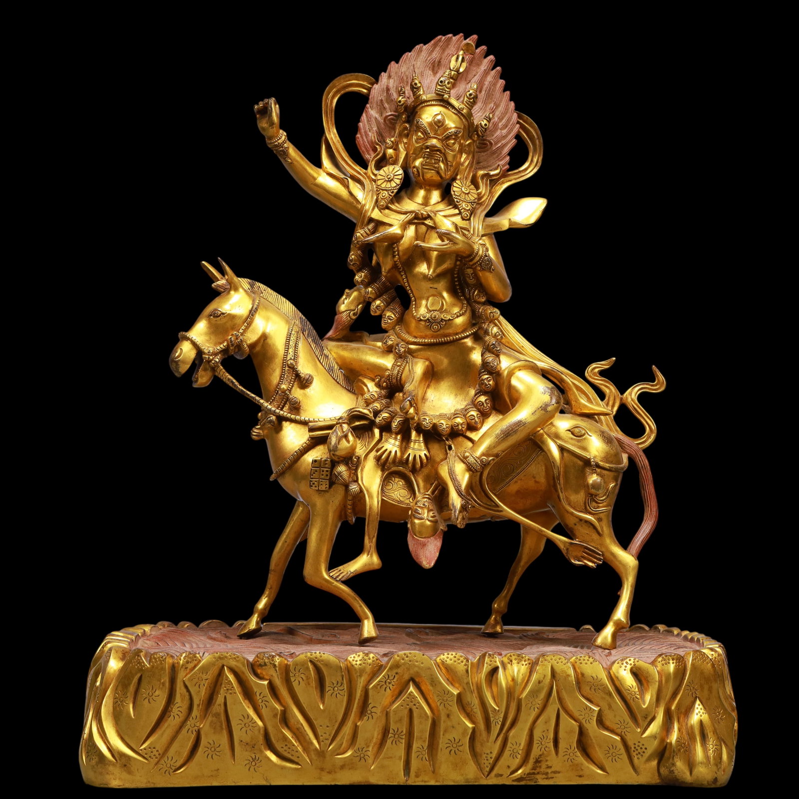 An Exquisite Gilt Bronze Statue of Mammon Rides the Lion: An Exquisite Gilt Bronze Statue of Mammon Rides the Lion Qing Dynasty, China Qianlong Six-character Mark Size:13.8inx7.5inx17.7in Weight:13950g铜鎏金财神佛像 