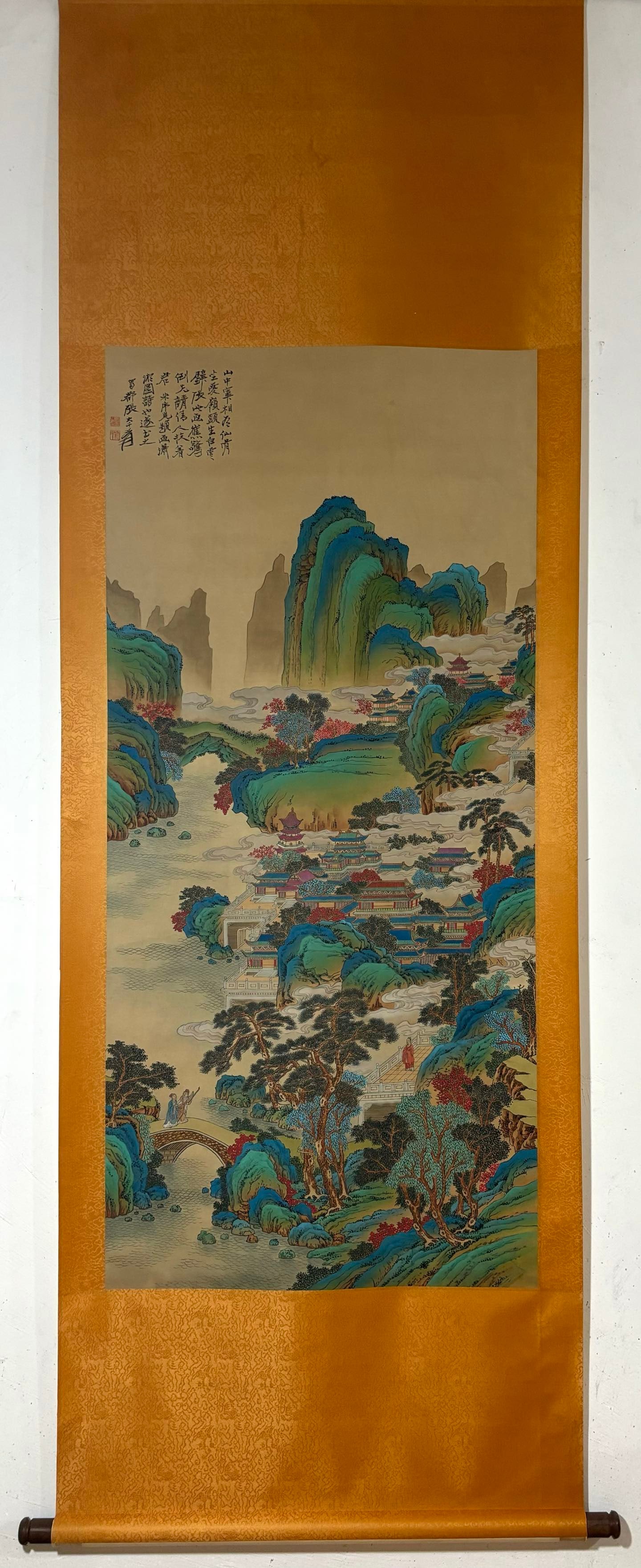 A Chinese Vertical Scroll Ink Painting of Landscape on Paper: A Chinese Vertical Scroll Ink Painting of Landscape on Paper Zhang daqian Without frame Size:53.5inx24.6in张大千青绿山水图 纸本立ů