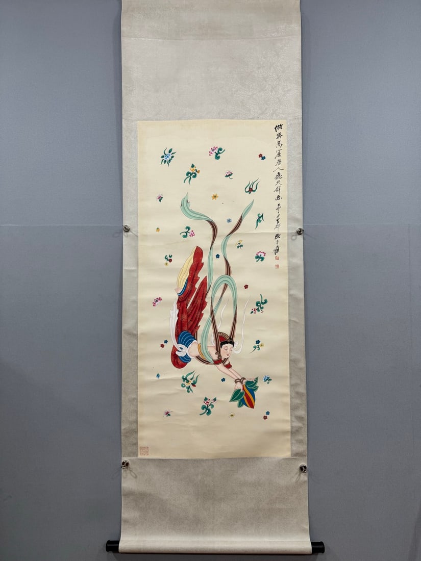 A Chinese Vertical Scroll Ink Painting of Figure on Paper: A Chinese Vertical Scroll Ink Painting of Figure on Paper Zhang daqian Without frame Size:22.8inx50.4in张大千飞天图 纸本立轴Without frame Si