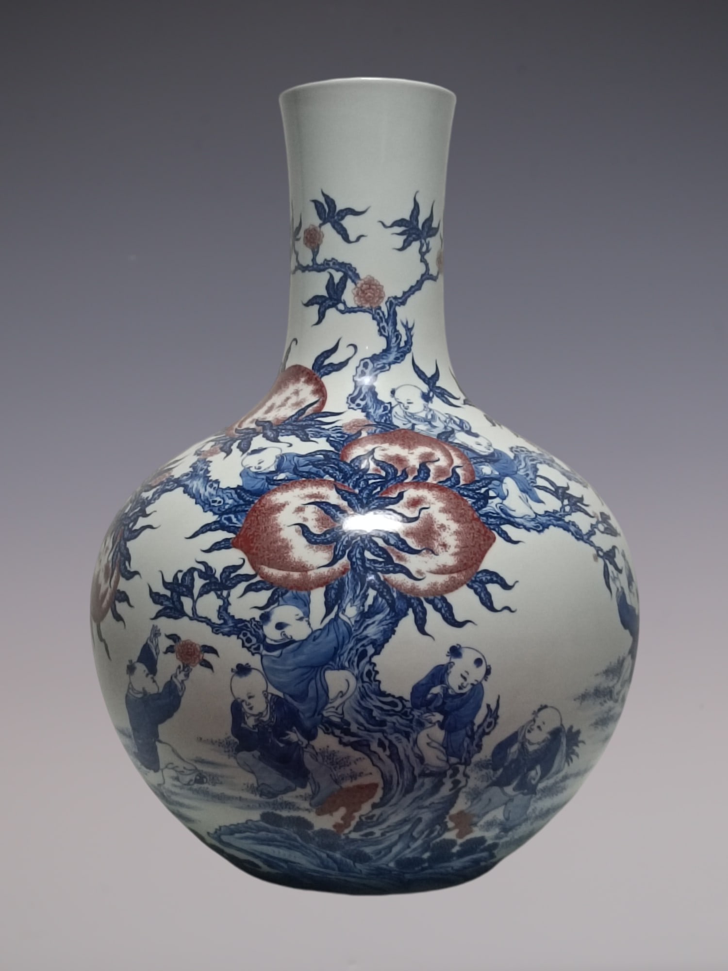 An Exquisite Blue and White Underglaze-Red Character and Story Pattern Vase: An Exquisite Blue and White Underglaze-Red Character and Story Pattern Vase Qing Dynasty, China Qianlong Six-character Mark Size:22inx15.7in青花釉里红九子"
