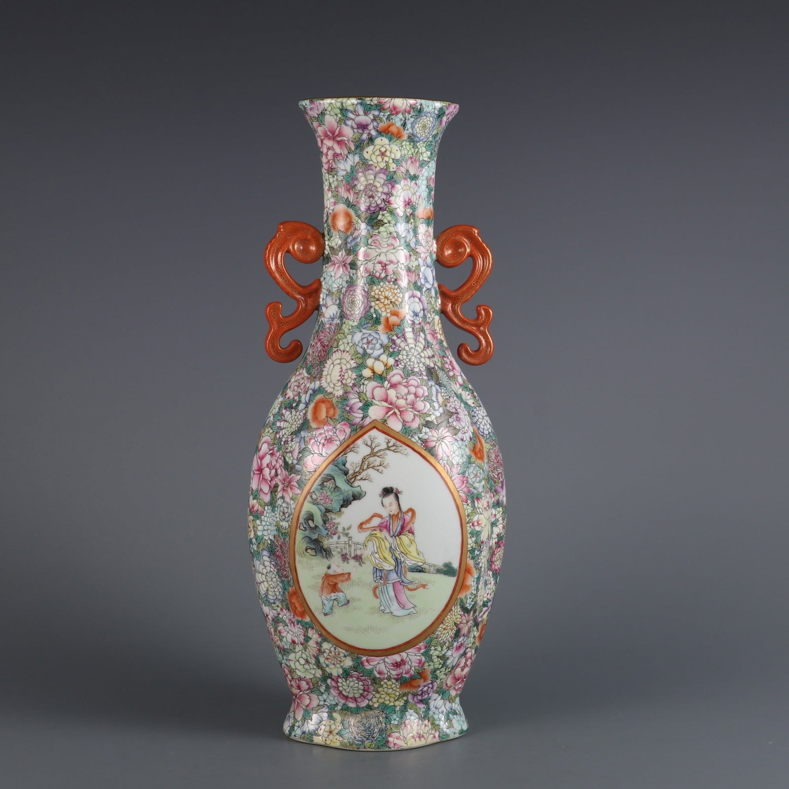 An Exquisite Famille-Rose Character and Story Pattern Flower Pattern Double-Ears Vase: An Exquisite Famille-Rose Character and Story Pattern Flower Pattern Double-Ears Vase Qing Dynasty, China Qianlong Six-character Mark Size:13.8inx5.5in粉彩万花开窗&