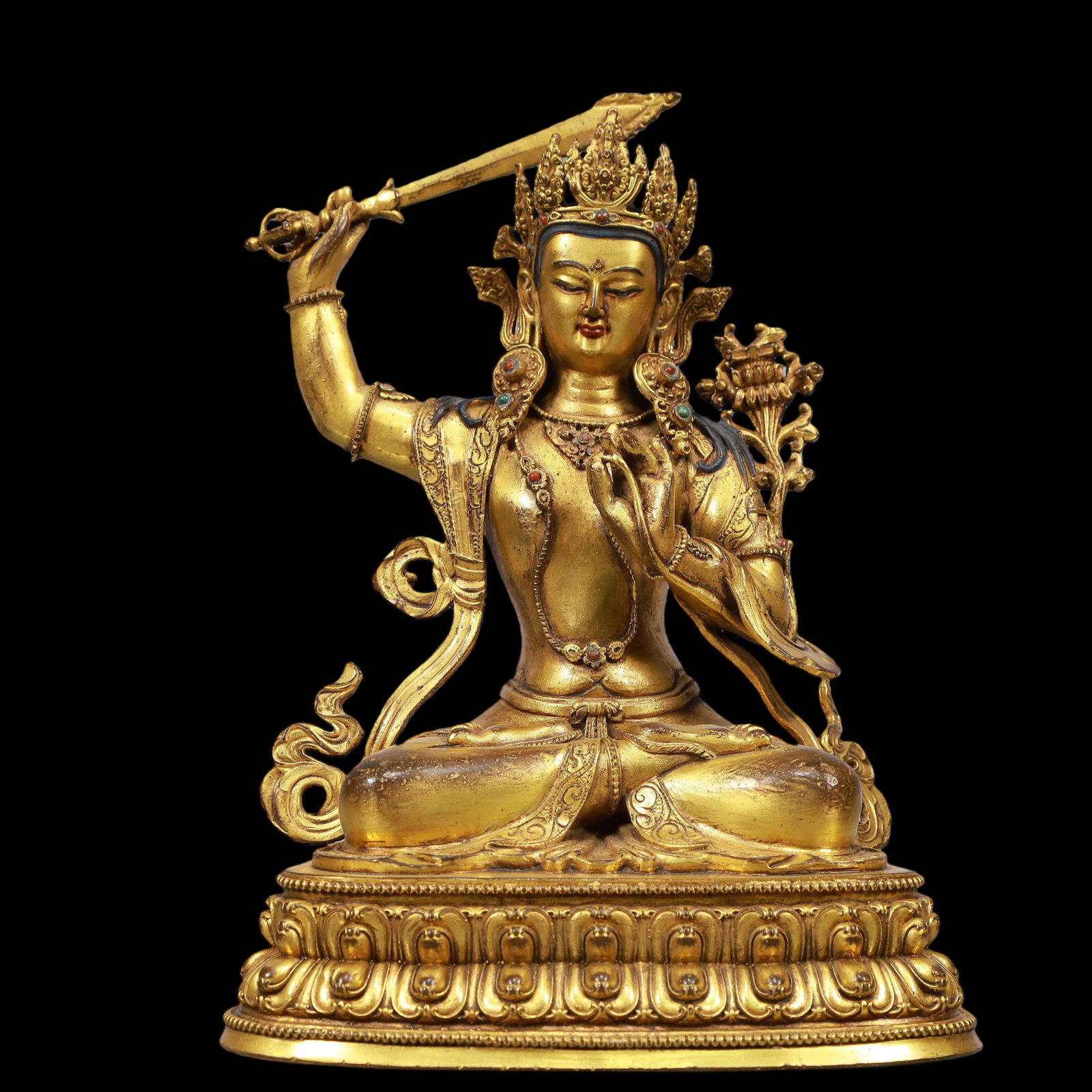 An Exquisite Gilt Bronze Inlaid Gems Statue of Manjusri (1 of 10)