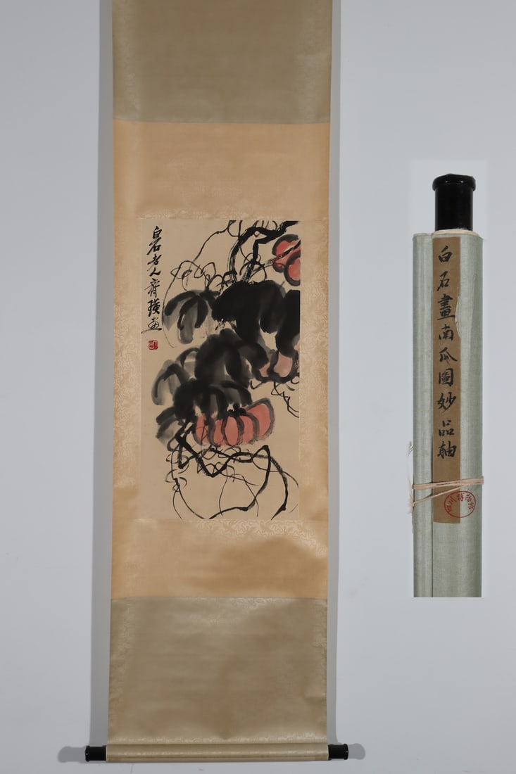 A Chinese Vertical Scroll Ink Painting of Melon and Fruit on Paper: A Chinese Vertical Scroll Ink Painting of Melon and Fruit on Paper Qi baishi Without frame Size:26.6inx14.2in白石書南瓜圖軸
