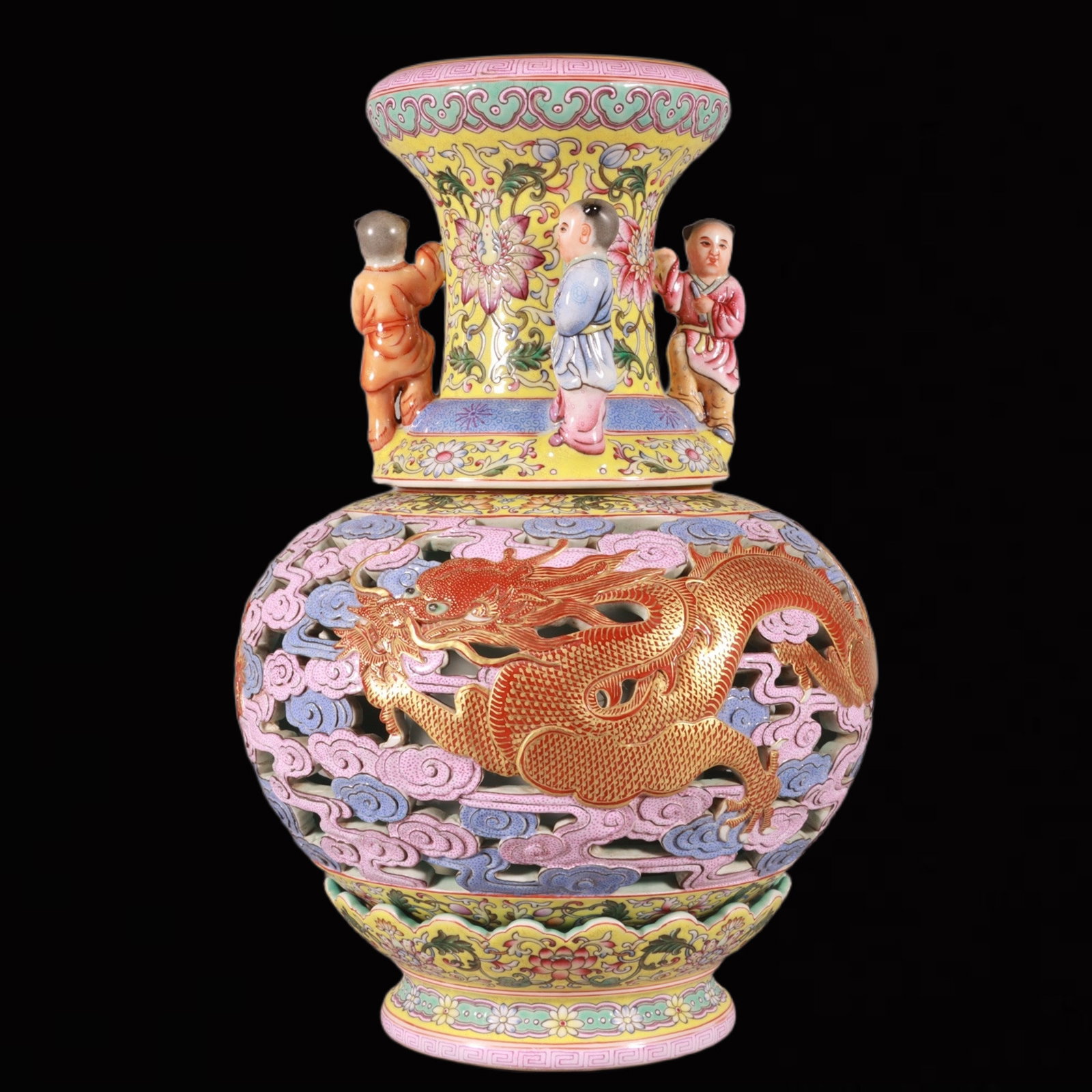 An Exquisite Enamel Hollow Auspicious Cloud and Dragon Pattern Vase: An Exquisite Enamel Hollow Auspicious Cloud and Dragon Pattern Vase,Qing Dynasty,China,Qianlong Four-character Mark,Size:10.6inx8.3in 珐琅彩镂空祥云龙&#