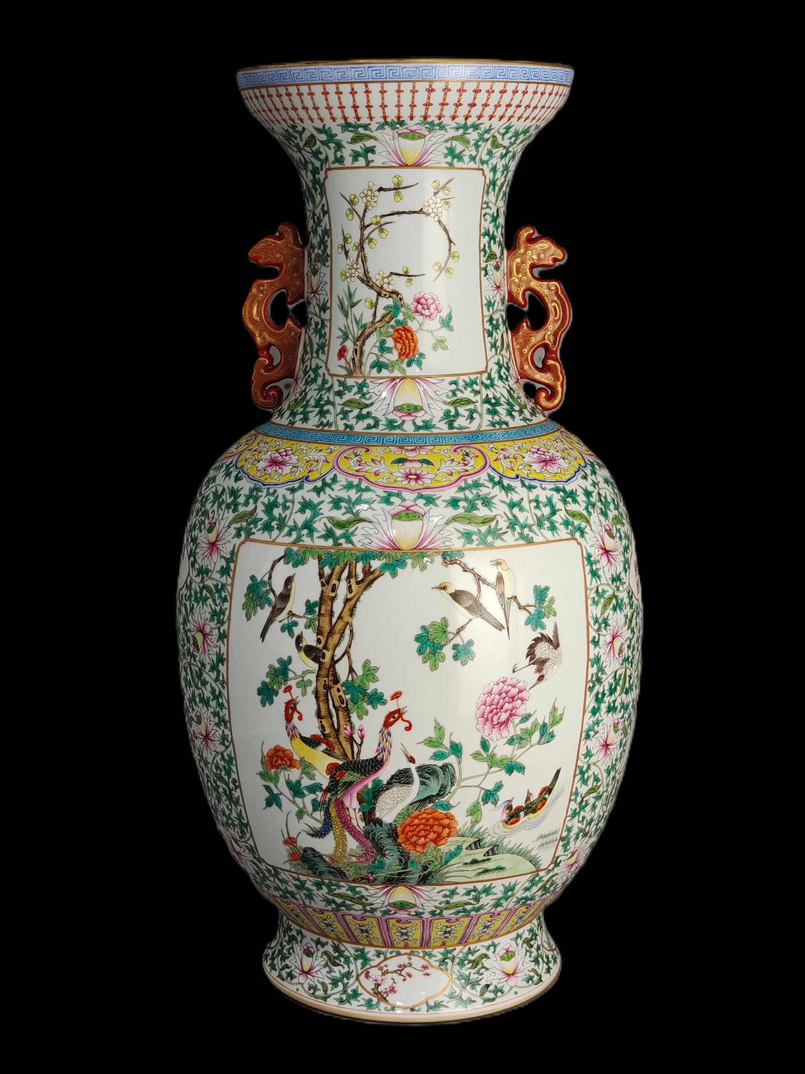 A Huge Famille-Rose Painted Gold Flower and Bird Pattern Double-Ears Vase,with poem: A Huge Famille-Rose Painted Gold Flower and Bird Pattern Double-Ears Vase,with poem,Qing Dynasty,China,Qianlong Six-character Mark,Size:23.2inx11.8in