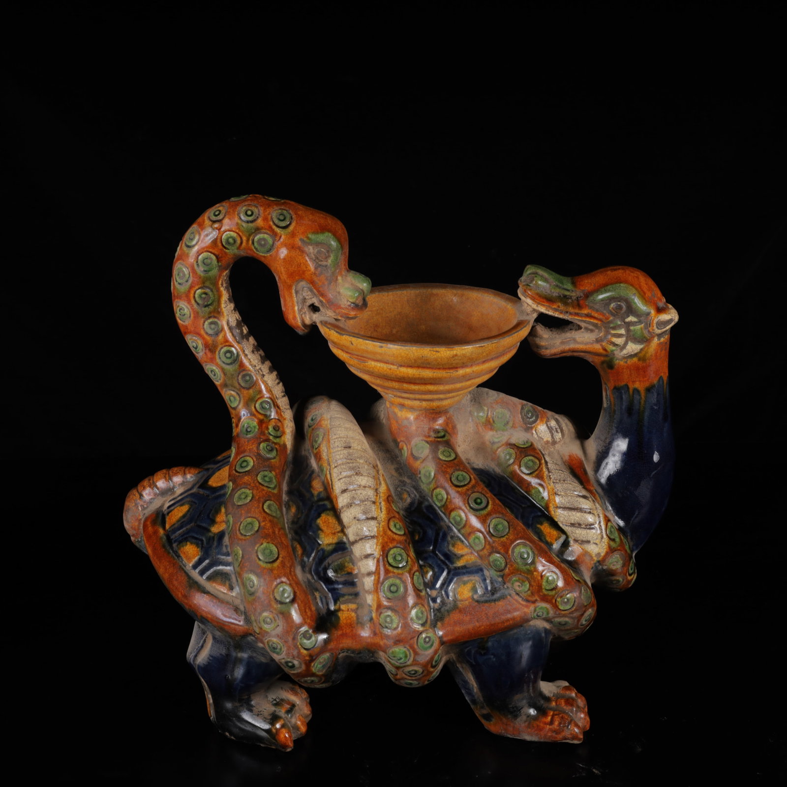 An Exquisite Tang Tri-Color Glazed Pottery Black Tortoise Ornament: An Exquisite Tang Tri-Color Glazed Pottery Black Tortoise Ornament,Tang Dynasty,China,Size:14.6inx11inx7.9in,Weight:2750g